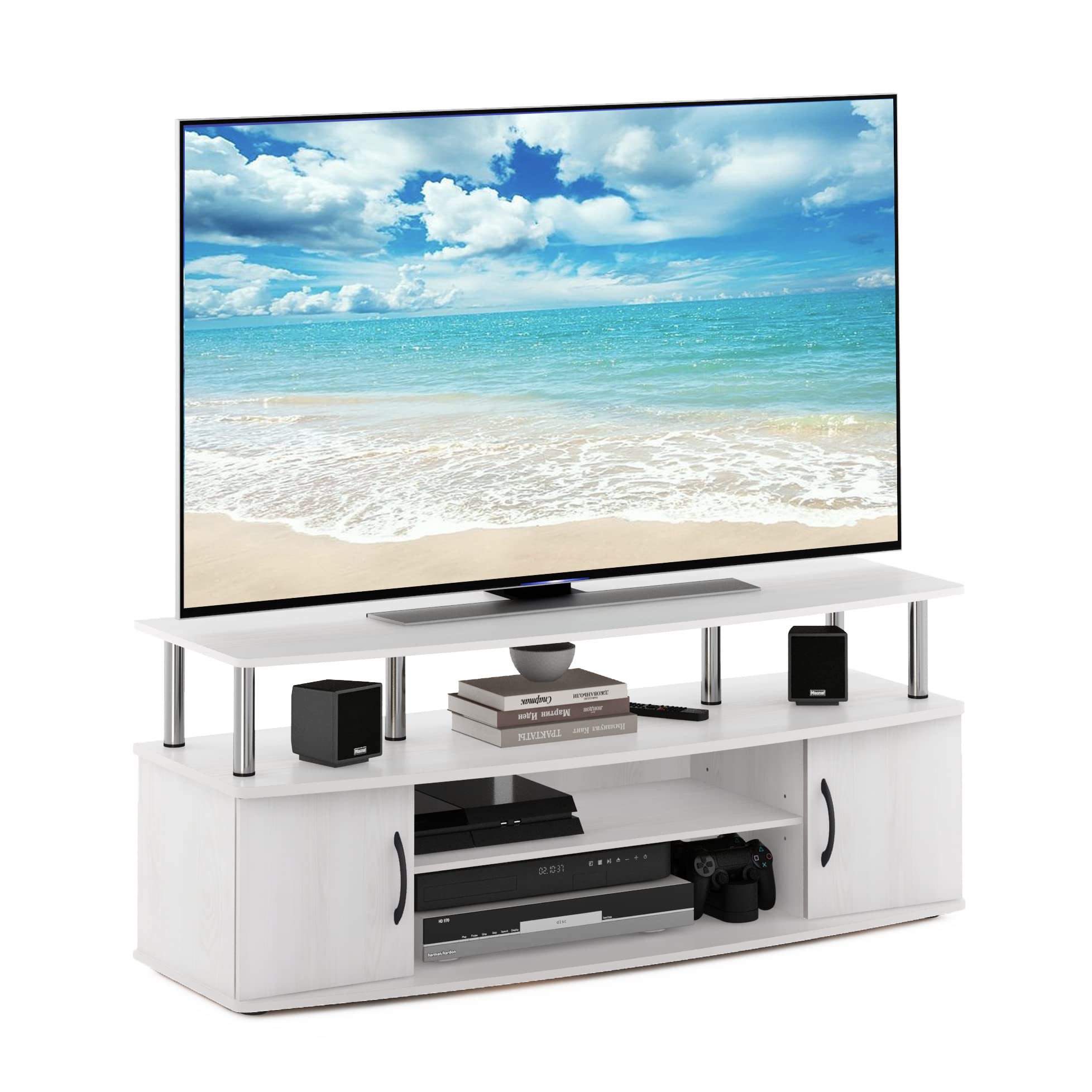 Furinno JAYA Large TV Stand for 55 Inch Flat Screen - White Oak & Chrome Finish - Sturdy Entertainment Center for Living Room, Bedroom, or Home Theater Setup