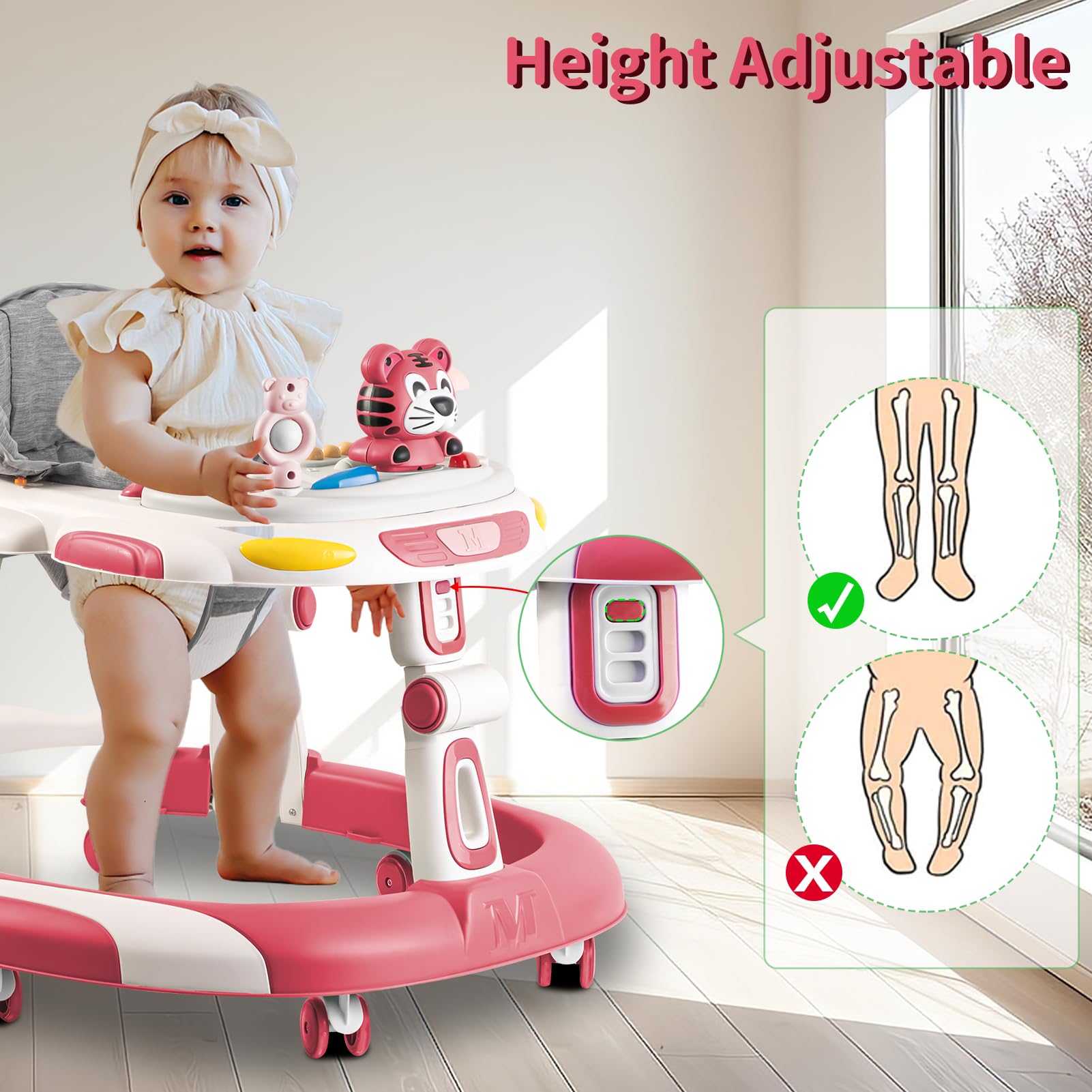 4-in-1 Foldable Baby Walker & Activity Center with Toy Tray - 3-Level Height Adjustable Infant Walker with Wheels for Boys & Girls 6-24 Months (Pink) | Perfect for Learning to Walk, Playtime & Early Development at Home