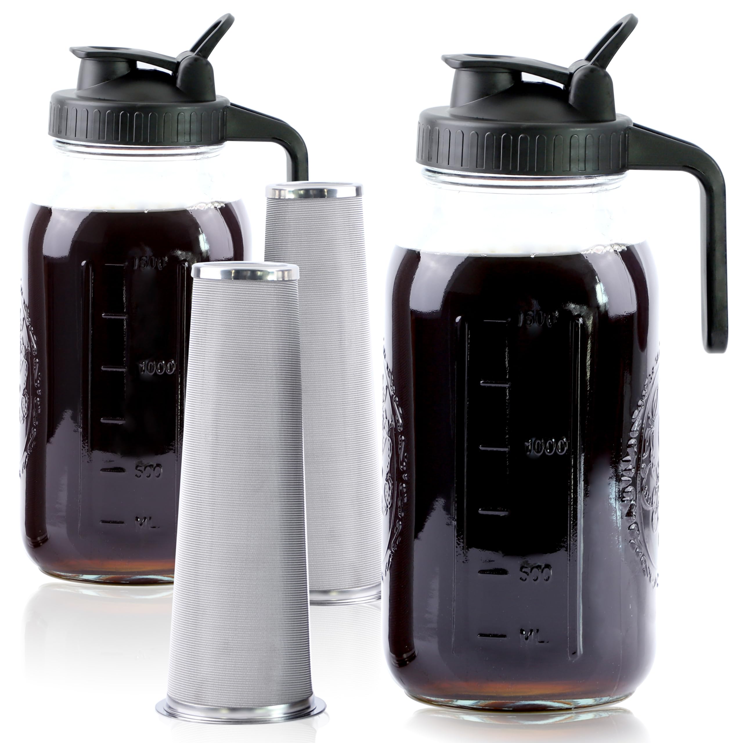 64 Oz Cold Brew Coffee Maker Set - 2 Half Gallon Glass Pitchers with Pour Spout Lids & Strainer - Wide Mouth Mason Jar for Iced Coffee, Lemonade, Milk - Perfect for Refrigerator Storage & Home Brewing