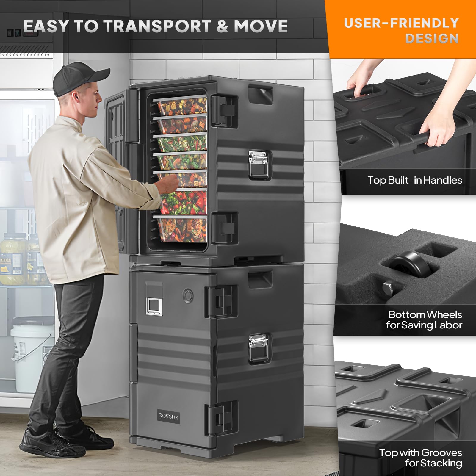 ROVSUN 82QT/109QT Insulated Food Carrier with Wheels - Stackable Hot Box Food Warmer with Double Buckles & Handles - Perfect for Catering, Restaurants, Canteens & Family Parties - Keep Meals Hot for Outdoor Events, Buffets & Food Delivery Services