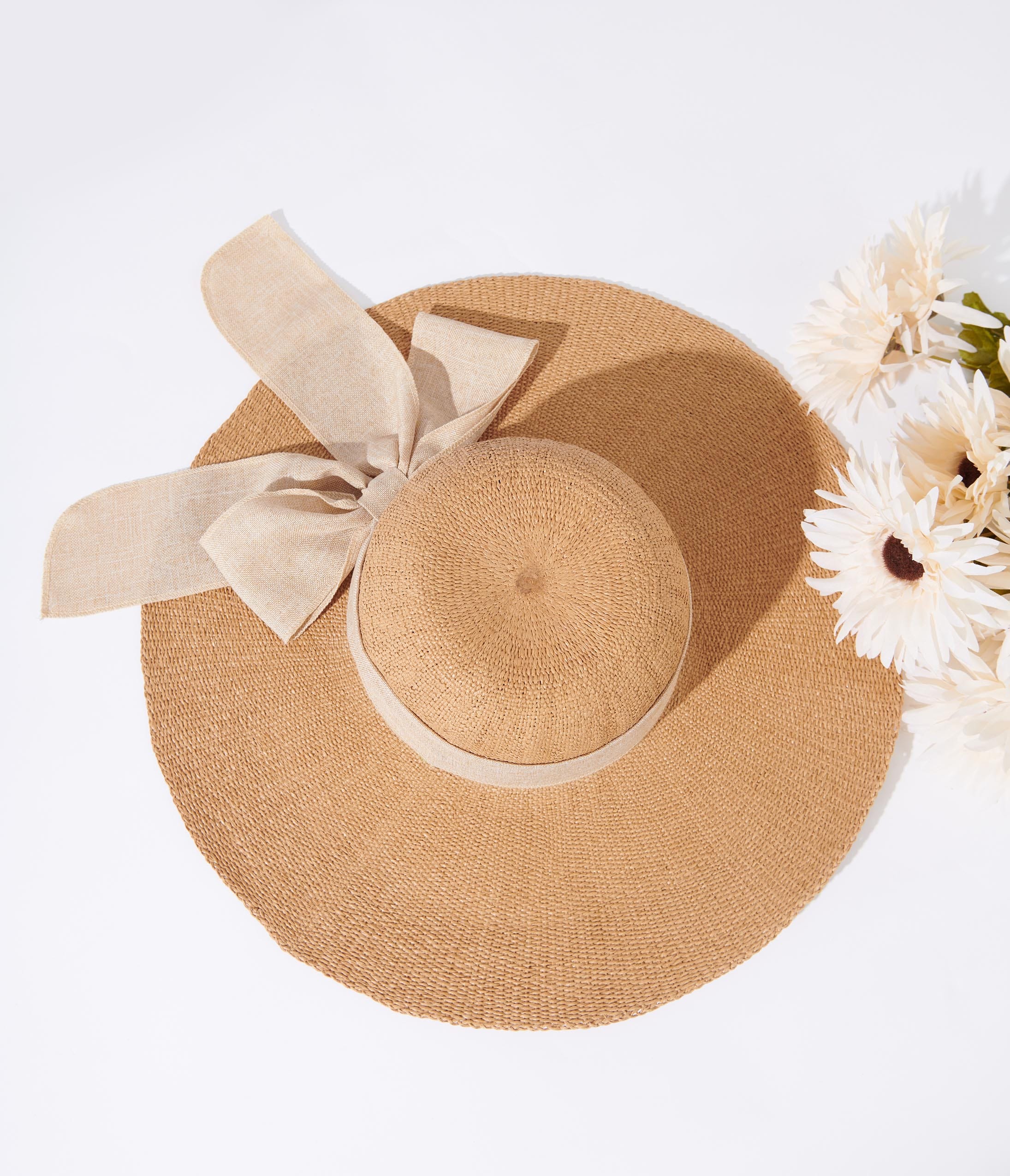 Stylish Tan & Beige Bow Toyo Braid Sun Hat for Women - UV Protection Wide Brim Summer Beach Hat for Outdoor, Travel & Vacation
