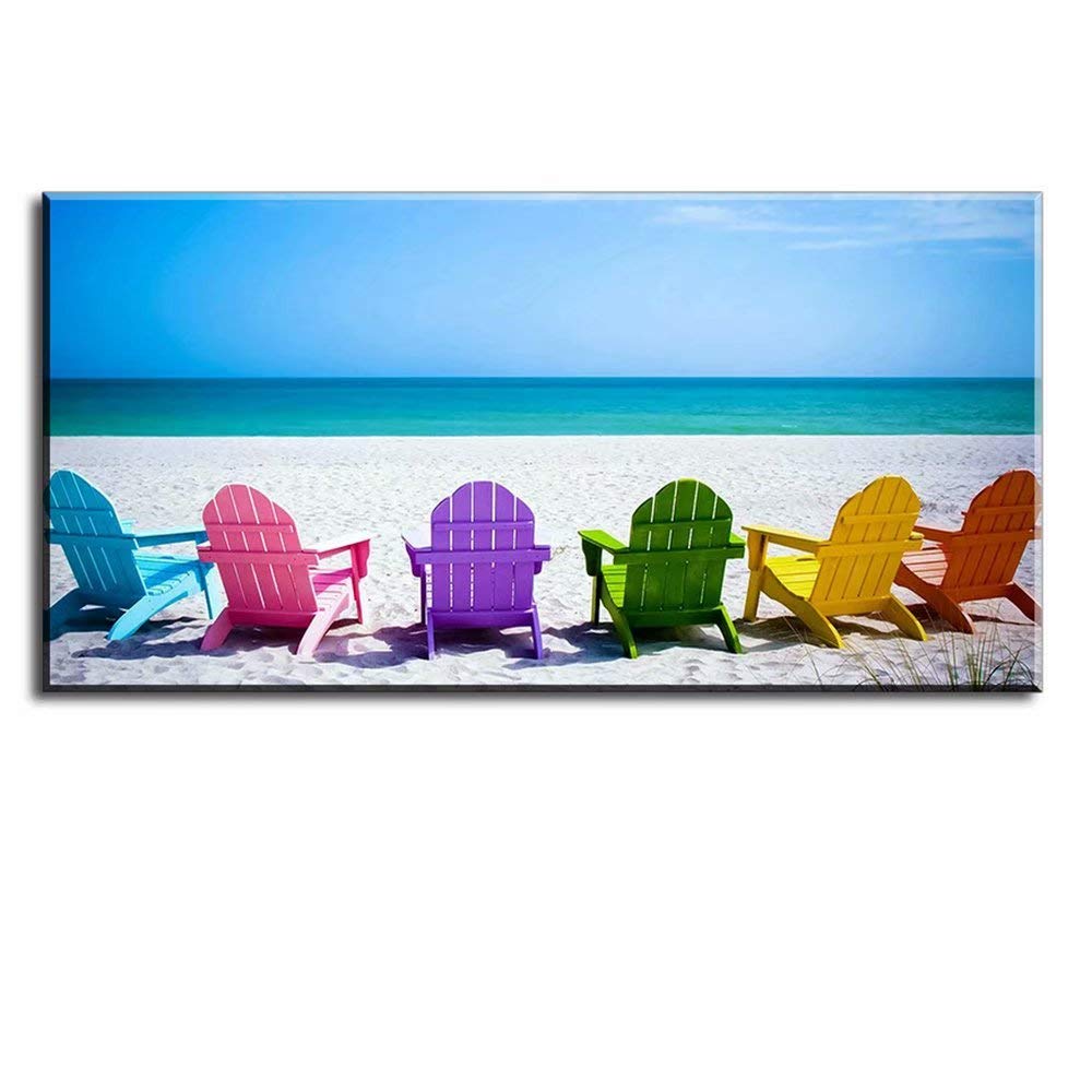 Blue Sea with Colorful Chairs Canvas Wall Art - Extra Large 30x60 Inch Waterproof Beach Painting for Living Room Decor, Ready to Hang | Perfect for Coastal, Nautical & Vacation Home Themes - Create Relaxing Vibes in Bedroom, Office or Beach House