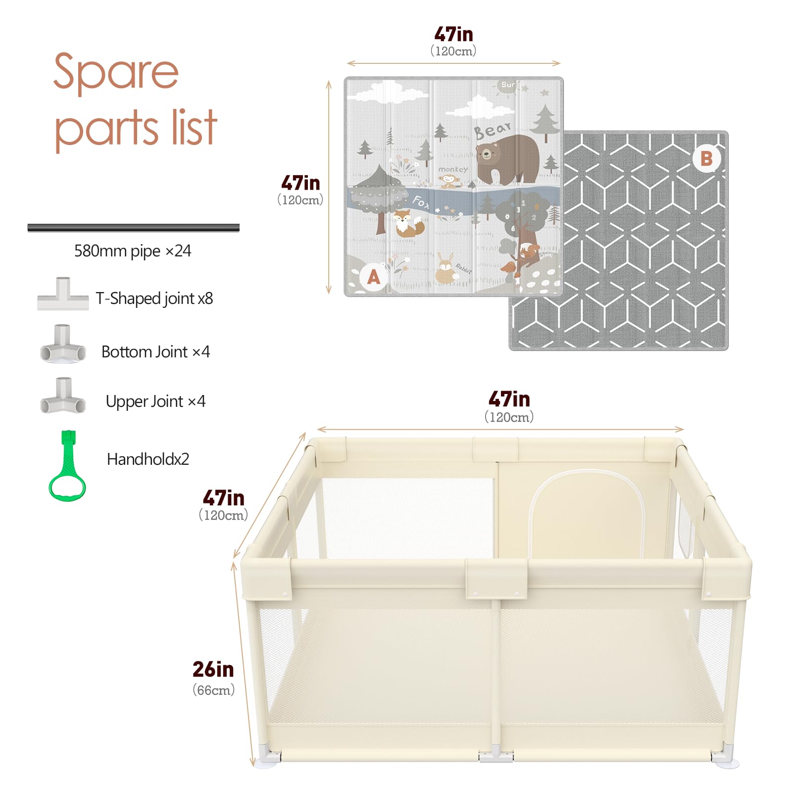 Fodoss Baby Playpen with Soft Mat - 47x47 Inch Portable Play Yard for Infants & Toddlers - Safe Play Area for Small Spaces, Apartments & Indoor Use - Beige Activity Center for Crawling & Playtime
