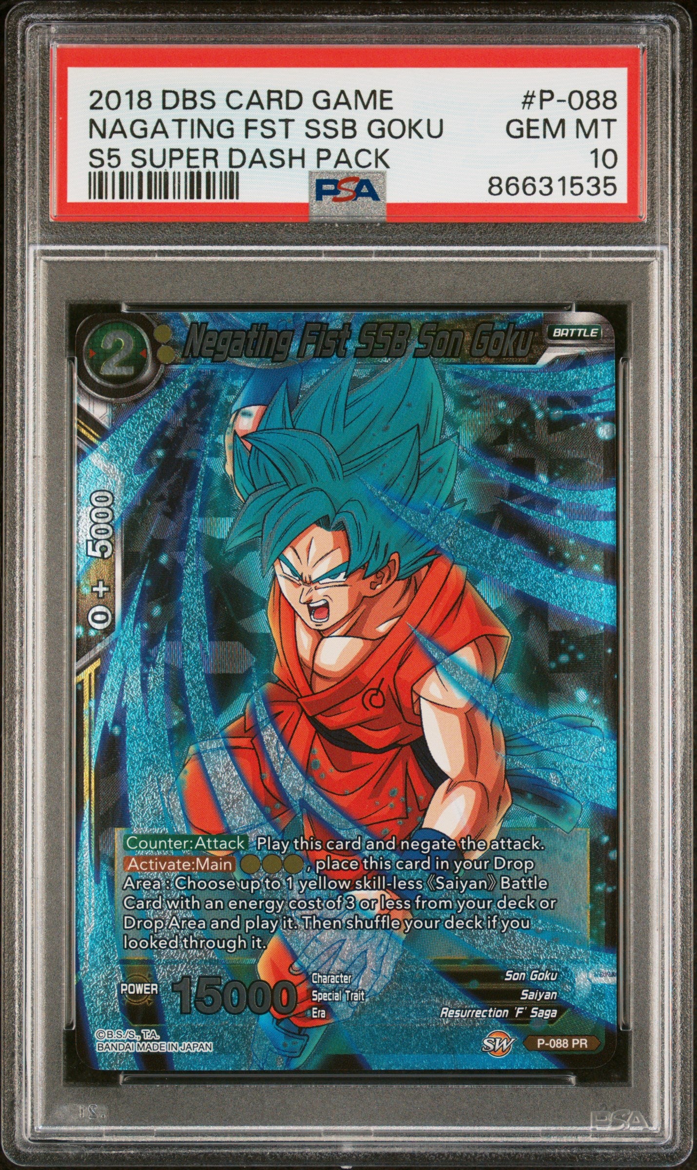 2018 Dragon Ball Super Super Dash Negating FST SSB Goku #P 088 PSA 10 Graded Card - Perfect for Collectors & Anime Fans, Ideal for Display or Investment
