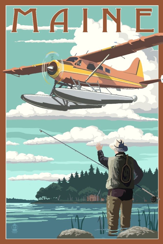 Lantern Press Maine Float Plane and Fisherman Wall Art Poster - 12x18 Inches Coastal Decor for Living Room, Bedroom & Office - Vintage Nautical Theme Print for Home & Cabin Decor