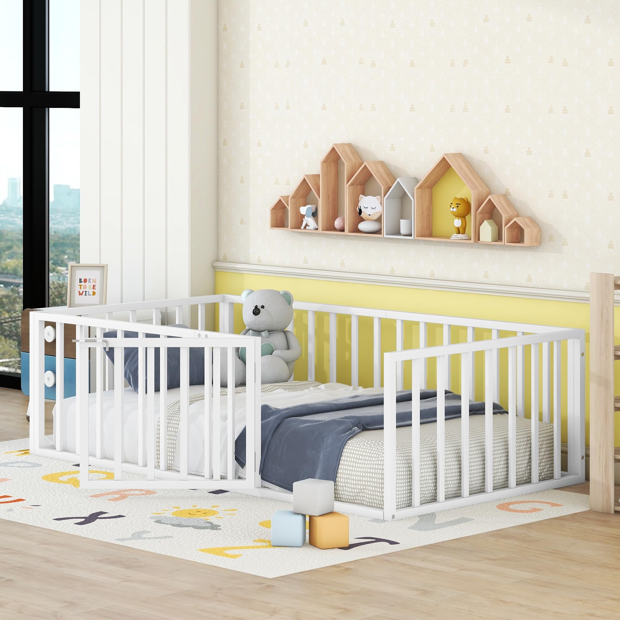 Bellemave Twin Floor Bed for Kids - Montessori Style Wooden Bed with Door, Low Profile Toddler Bed for Boys & Girls, Sturdy Metal Frame (White) - Perfect for Montessori Bedrooms, Daycare Centers & Safe Toddler Sleep Spaces