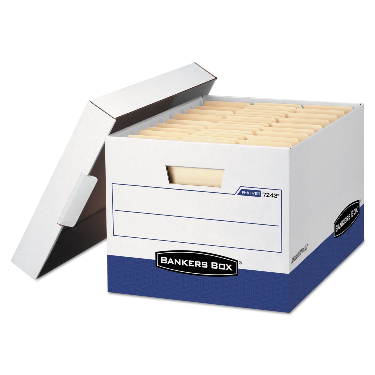Bankers Box 0724303 R-KIVE Max Storage Box - Letter/Legal Size, Secure Locking Lid, White & Blue, 4-Pack - Perfect for Office Organization, Document Storage & Home Filing Systems