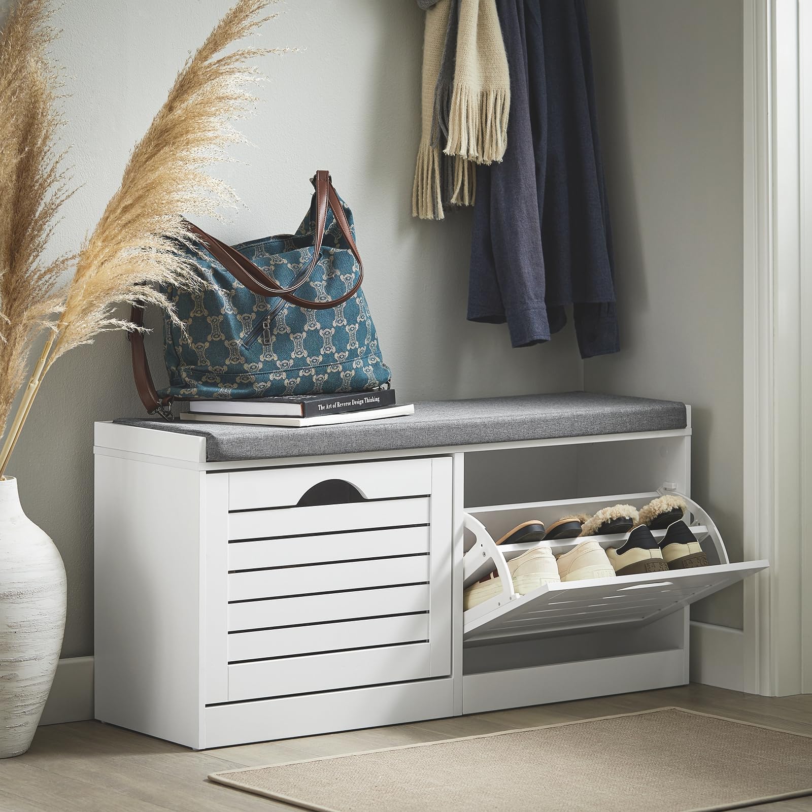 White Shoe Storage Bench with 2 Drawers & Padded Seat Cushion - Narrow Entryway Shoe Cabinet for Hallway, Mudroom & Window Seat - Perfect for Organizing Shoes, Hats & Seasonal Items by the Front Door