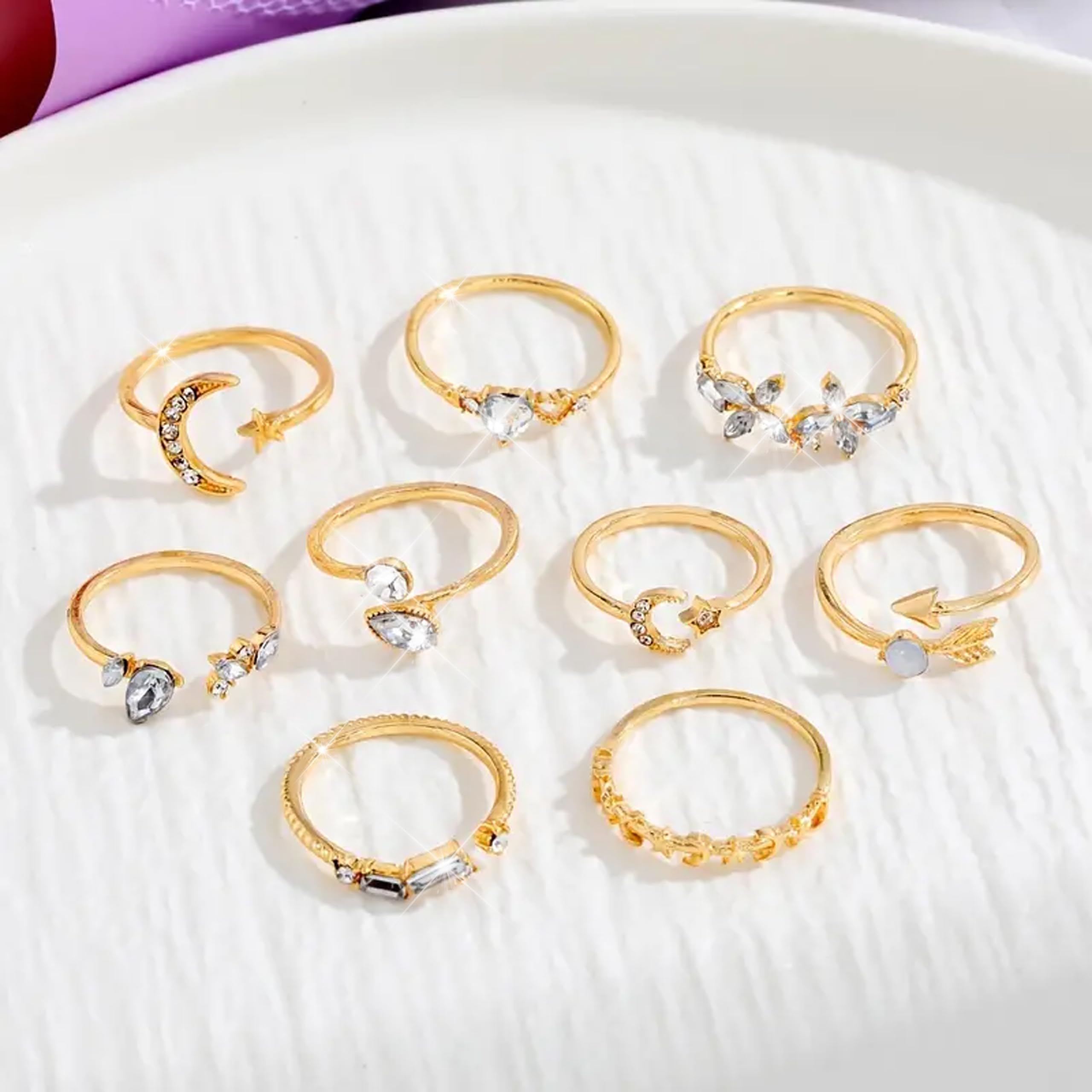 Trendy Gold Stackable Rings for Women - Boho Star Moon Heart Knuckle Rings Set - Elegant Jewelry Gift Pack for Birthday, Easter Basket Stuffers - Perfect for Layering & Everyday Wear