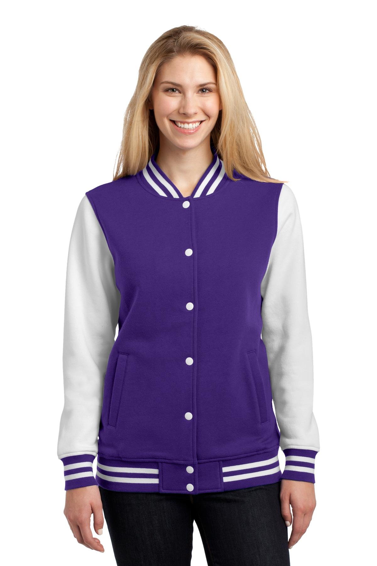 SPORT-TEK Women's Fleece Letterman Jacket - Soft Warm Varsity Style Pullover for Casual Wear, Workout & Outdoor Activities