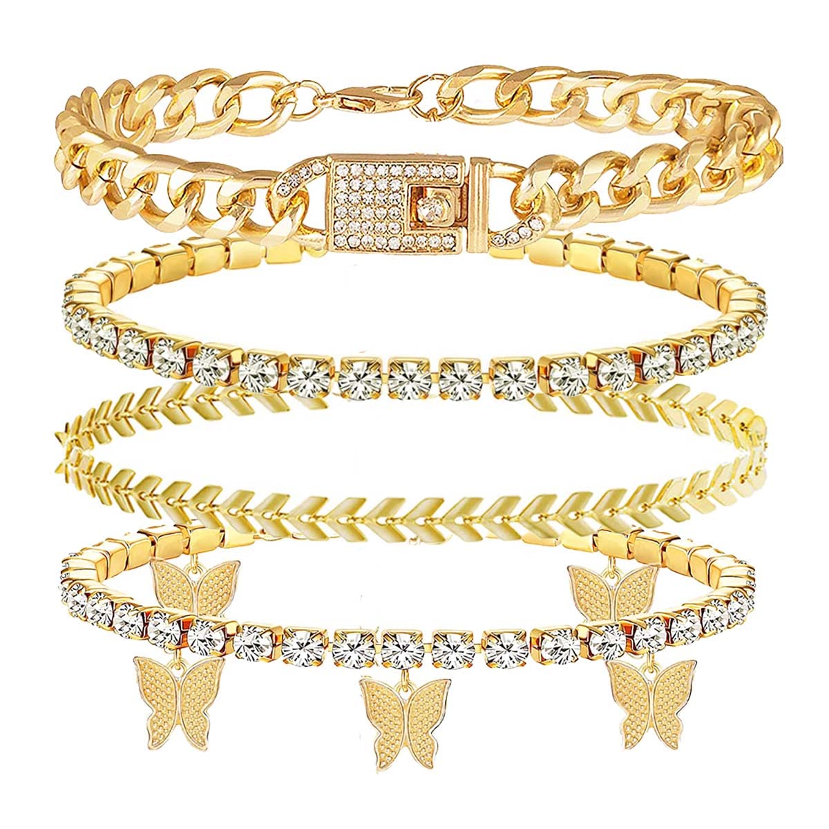 Elegant Gold Plated Anklet Set for Women - Rhinestone, Butterfly, Tennis & Cuban Link Ankle Bracelets | Summer Beach Jewelry Gifts for Women & Girls | Perfect for Parties, Vacations & Everyday Wear