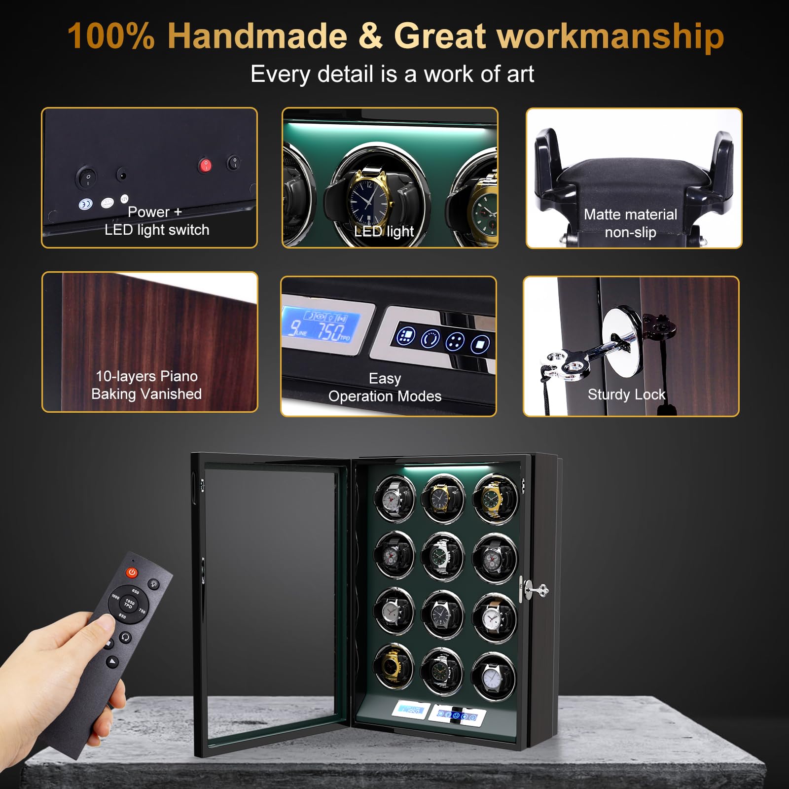DUKWIN Automatic Watch Winder with LCD Touch Screen & Remote Control - Holds 9/12 Watches | Luxury Watch Storage Case for Men | Perfect for Travel, Office & Home Display