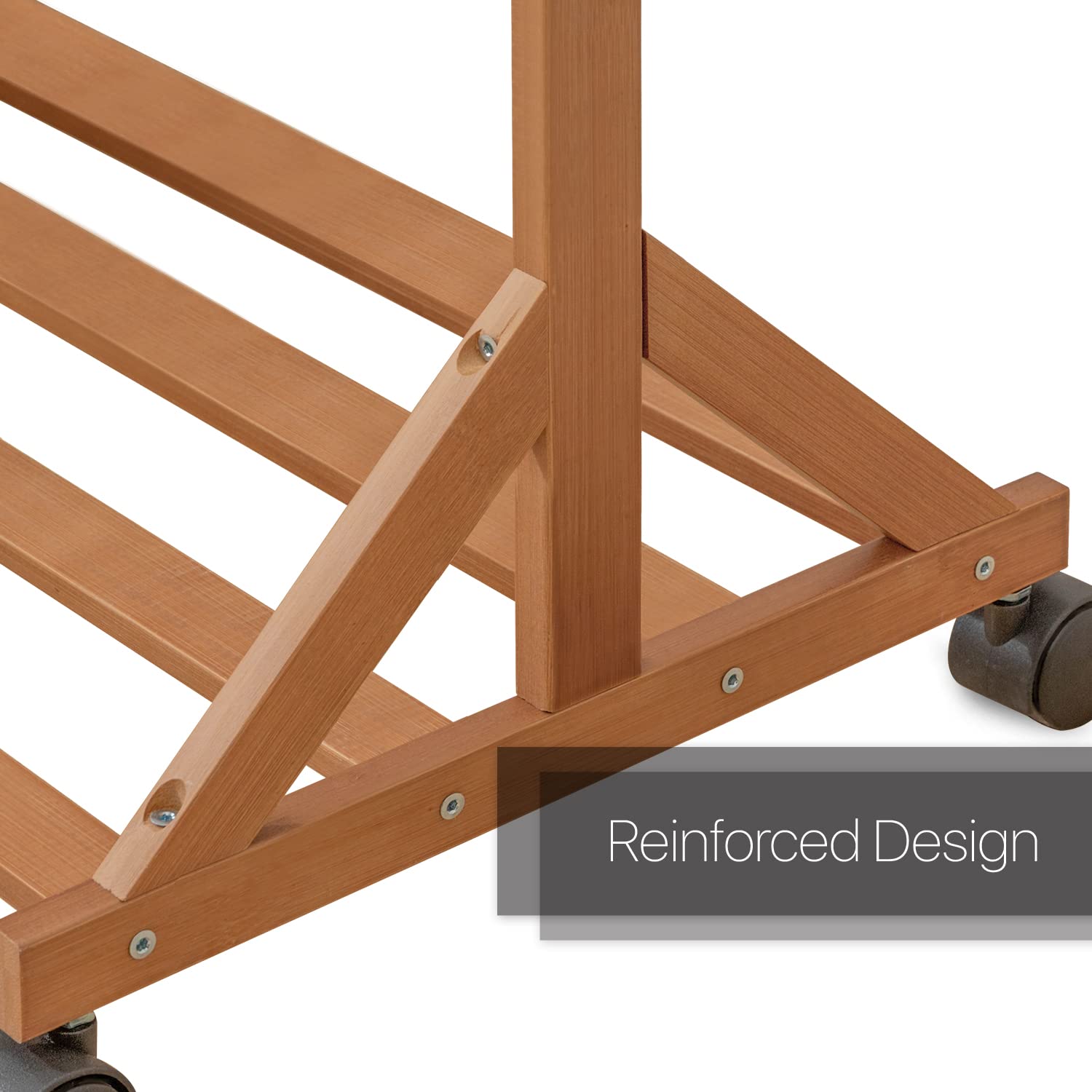 MoNiBloom 2-in-1 Rolling Garment Rack with Wheels & Storage Shelf - Bamboo Free-Standing Closet Organizer with 6 Hooks for Bedroom, Entryway, Office (Brown) | Perfect for Closet Organization, Clothes Display & Small Space Storage