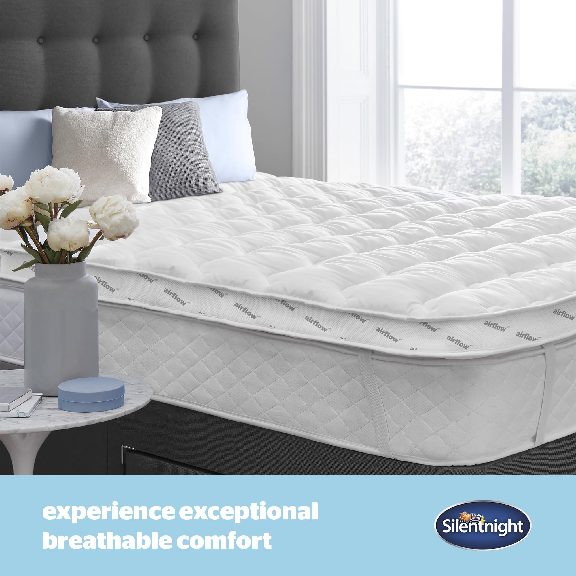 Silentnight Airflow 800 Double Mattress Topper - 8cm Extra Thick Cooling Mattress Pad with Deep Fitted Design, Breathable Mesh Sides & Elastic Straps - Double Size 190x135cm (75x53in) - White - Perfect for Hot Sleepers & Pressure Relief