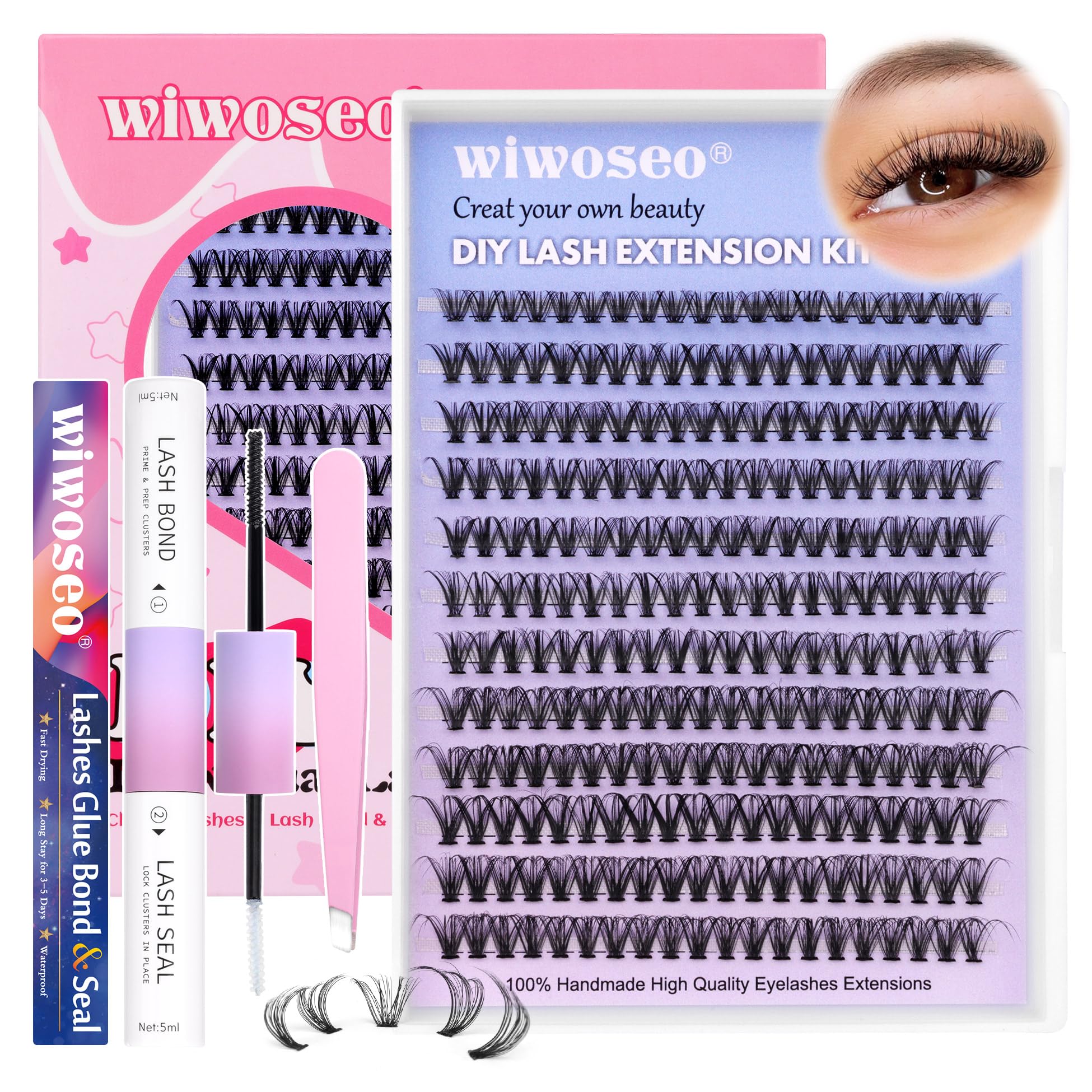 Wiwoseo False Eyelashes Cluster Lashes Extensions - Fluffy Russian Volume Lashes Kit with Lash Glue for DIY Eyelash Extensions | Natural Looking Individual Lashes for Home Application & Professional Salon Use | Perfect for Weddings, Parties and Daily Makeup Looks