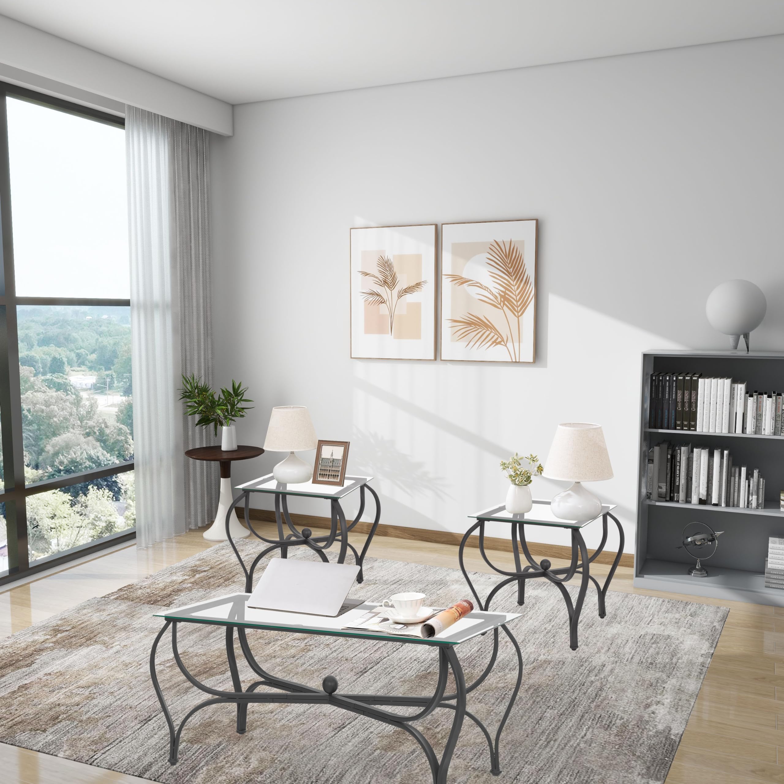 3-Piece Coffee Table Set with Tempered Glass Top & Metal Frame - Modern Living Room Furniture Set Includes Coffee Table & 2 End Tables - Perfect for Home, Office & Lounge Areas