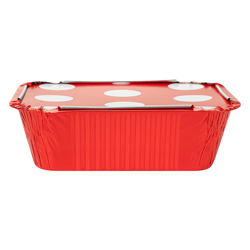 12 oz Rectangle Red Aluminum Take Out Containers with Polka Dot Paper Lids (5.75