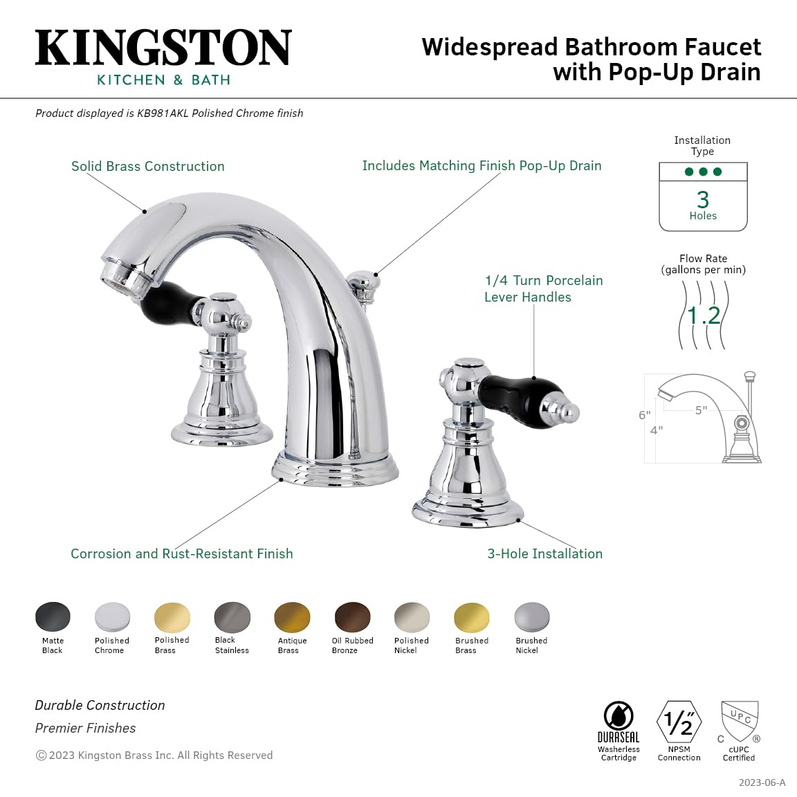 Kingston Brass KB985AKL Duchess Widespread Bathroom Faucet - Oil Rubbed Bronze Finish - 14.26 x 5.75 x 4 Inches - Elegant Sink Faucet for Bathroom Vanity or Powder Room