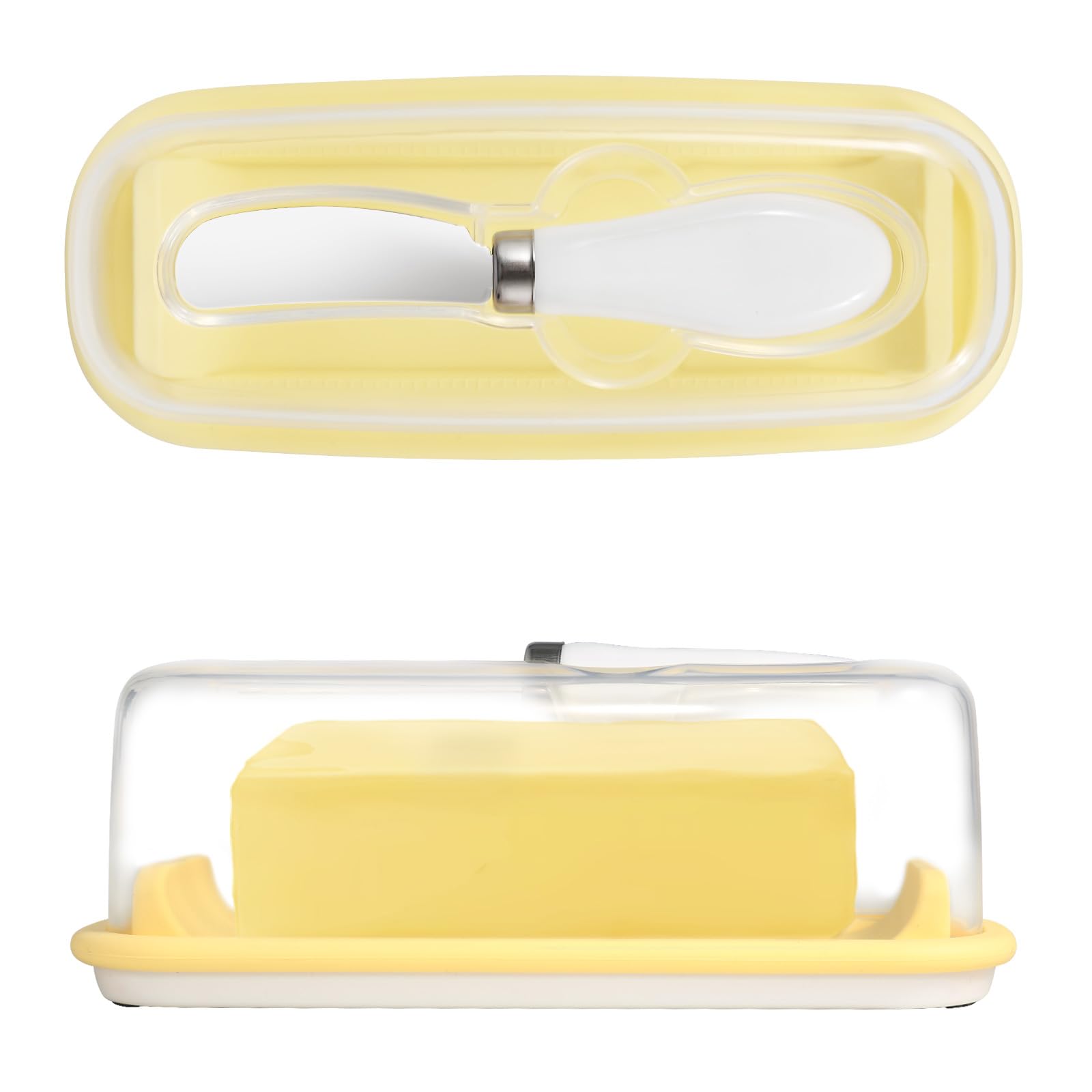 Clear Plastic Butter Dish with Lid and Knife - Butter Keeper for Countertop & Refrigerator - Easy Scoop & Clean - Perfect for West & East Coast Butter - Ideal for Breakfast, Baking, and Kitchen Storage