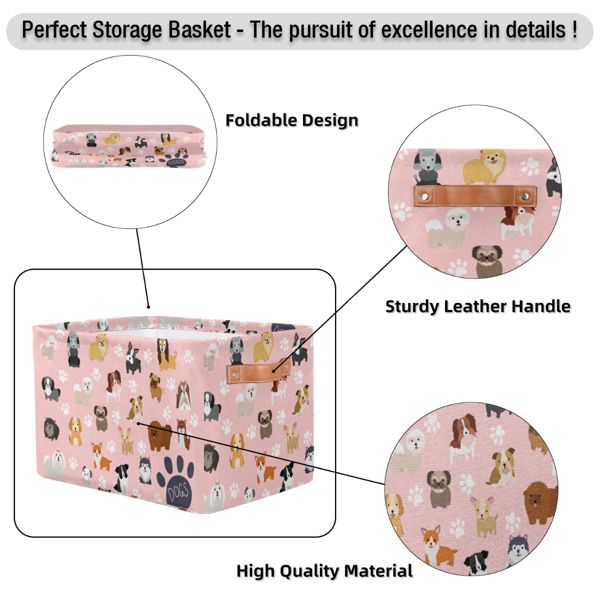Cute Pink Dog Storage Baskets with Handles - Collapsible Rectangular Fabric Toy Organizer Bin for Closet, Shelf, Laundry, Nursery & Kids Bedroom (15x11x9.5 Inches) - Perfect for Home Organization & Pet Toy Storage