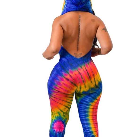 Tie Dye Caribbean Backless Jumpsuit for Women - Boho Beach Cover Up, Summer Festival Outfit, Vacation Romper