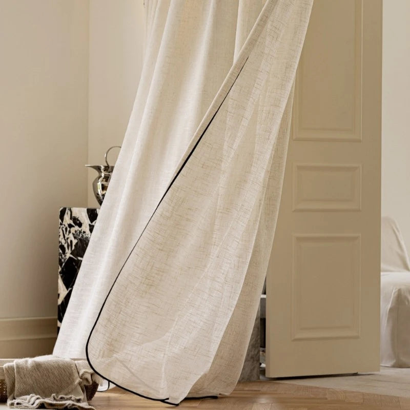 Kalani Linen Semi-Sheer Custom Curtains with Black Trim - Elegant Window Treatments for Living Room, Bedroom & Dining Room