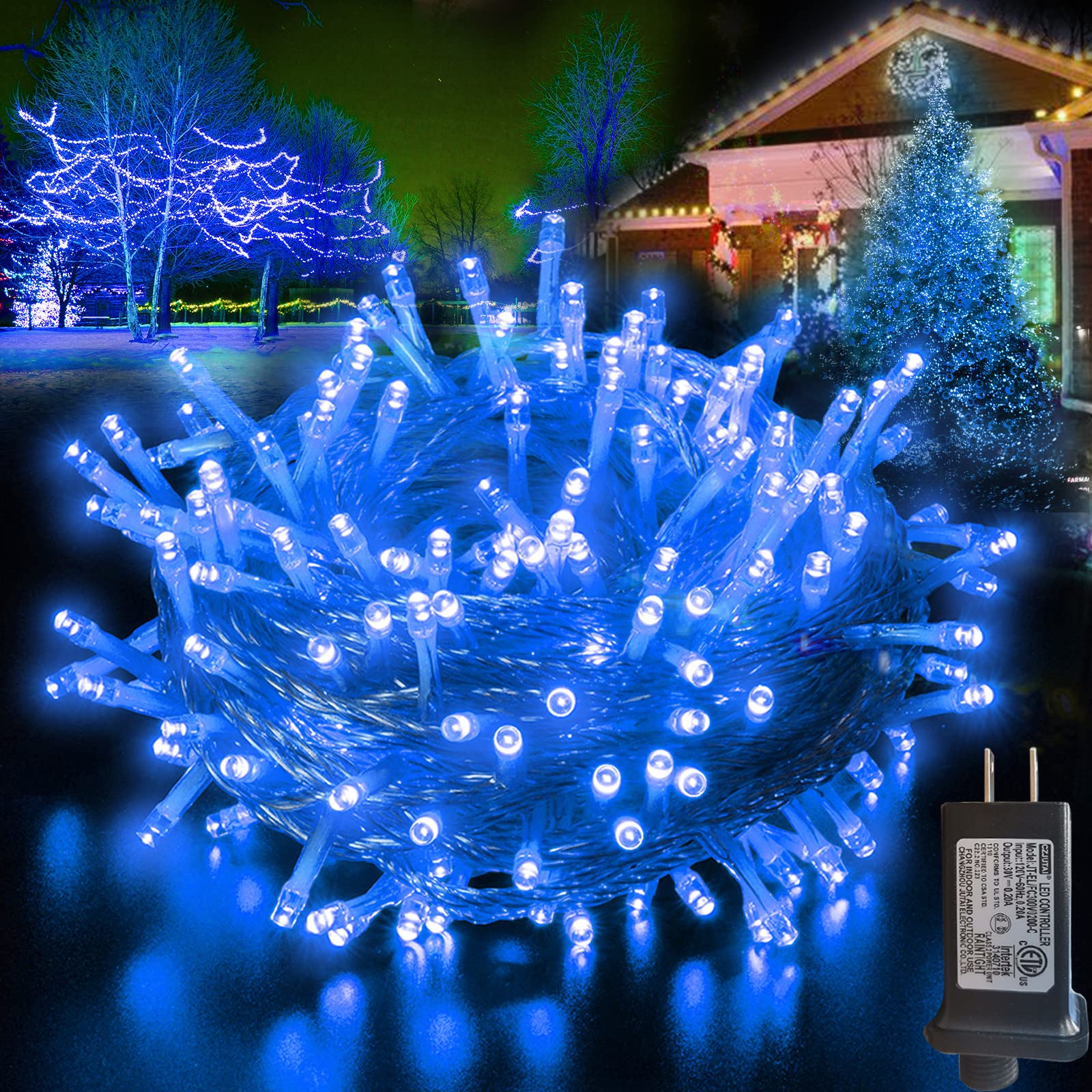 200 LED Blue Christmas String Lights - 66ft Outdoor/Indoor Plug-in Fairy Lights with 8 Modes, Clear Wire Connectable Twinkle Lights for Xmas Tree, Bedroom, Halloween Party, Garden, Patio & Wedding Decorations