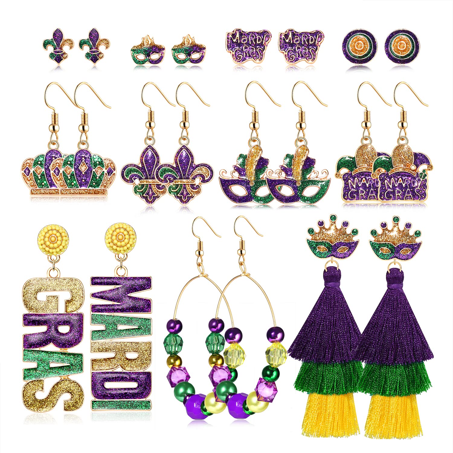 NLCAC Mardi Gras Earrings Set for Women - Glitter Mask, Fleur De Lis Stud, Beaded Jester & Hoop Tassel Dangle Earrings - Carnival Party, Parade & Costume Jewelry Gifts - Perfect for Festivals, Themed Parties & Costume Accessories