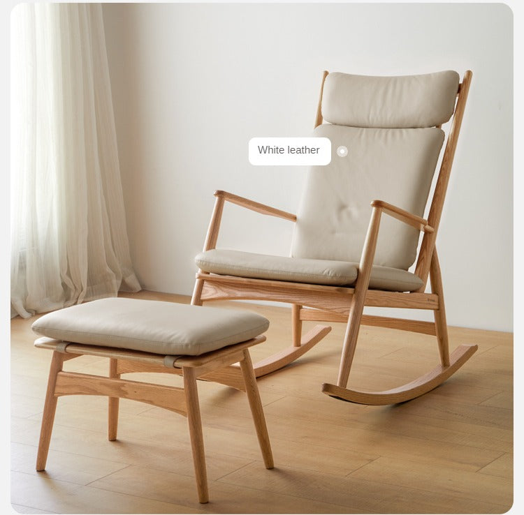 Solid Oak Wood Genuine Leather Rocking Chair - Handcrafted Comfort for Living Room, Nursery & Porch Relaxation