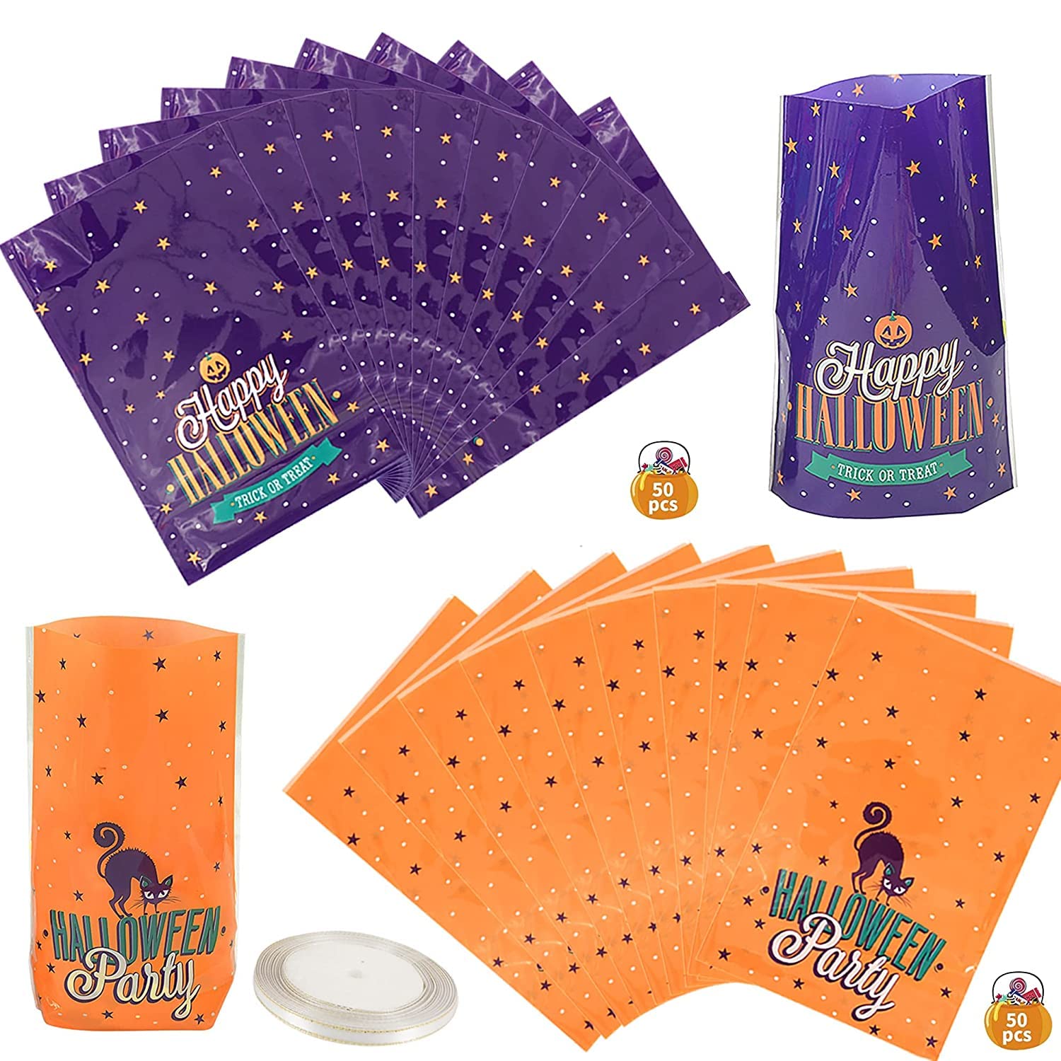 100PCS Halloween Candy Bags with 72Ft Satin Ribbon - Cat Pumpkin Pattern Treat Bags for Chocolate, Cookies, Biscuits (7.9