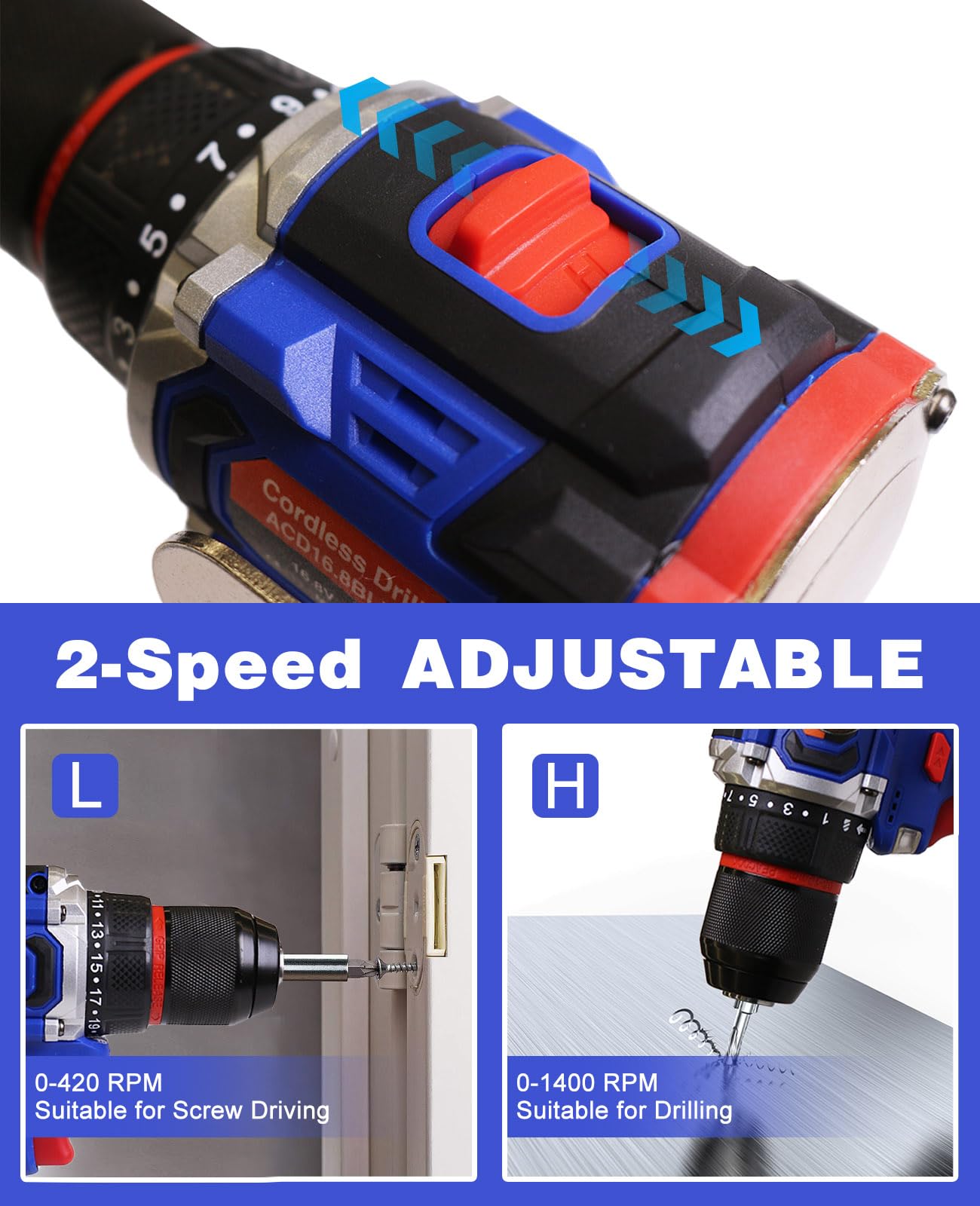Aspro 16.8V Brushless Cordless Drill Set with Battery & Charger - 2-Speed Electric Drill, 3/8