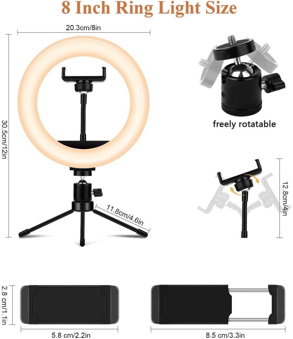 HMTE 8 Inch Ring Light with Mini Metal Tripod - Professional Beauty Lighting for Live Streaming, YouTube Videos, TikTok & Photography - Perfect for Makeup, Selfies, and Video Calls