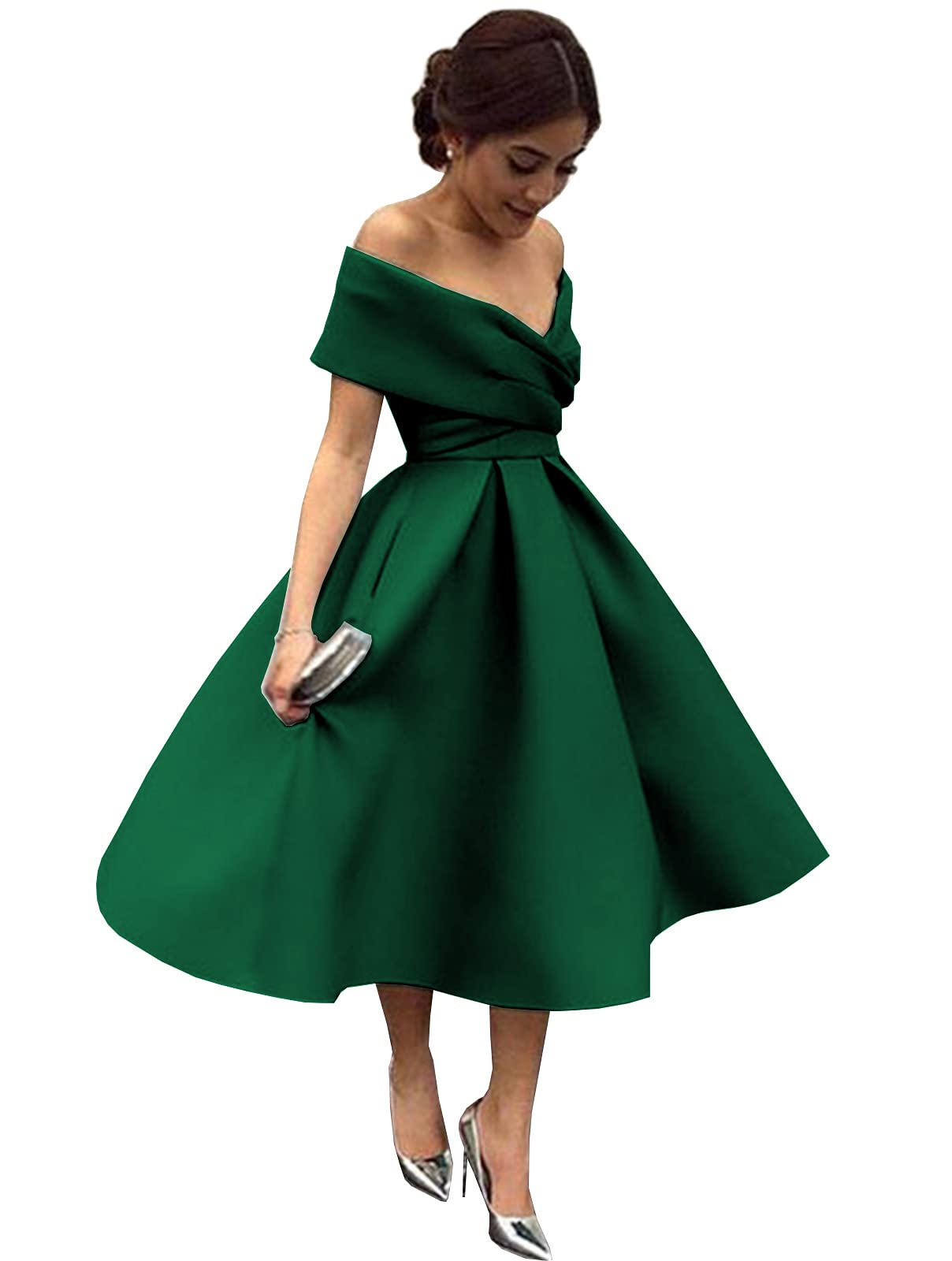 BOLENSYE Off The Shoulder Burnt Orange Satin Bridesmaid Dress - Short Prom Dress for Wedding Guest, Party, Cocktail - Size US16