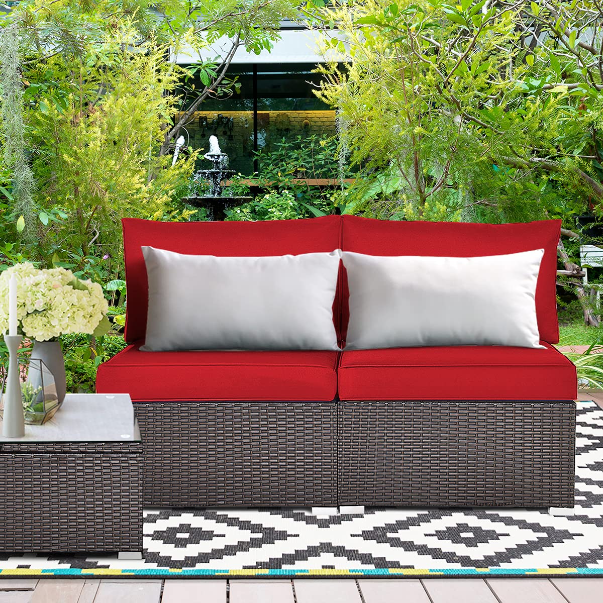 Tangkula 2-Piece Outdoor Wicker Armless Sofa Set with Thick Cushions - Patio Rattan Sectional Sofa for Garden, Balcony, Poolside - Includes 2 Seat & 2 Back Cushions (Red) | Perfect for Relaxing, Sunbathing & Outdoor Entertaining
