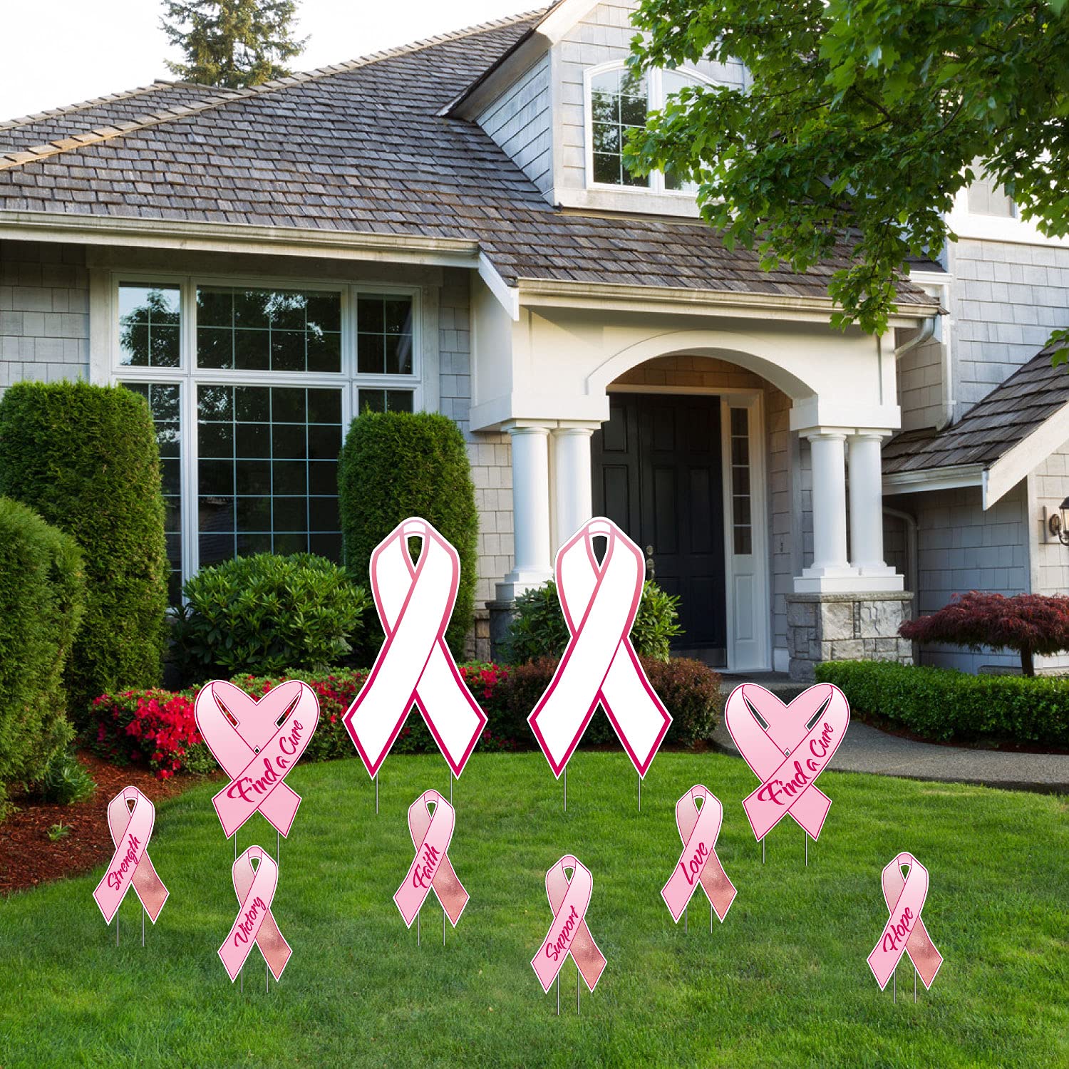 VictoryStore Breast Cancer Awareness Yard Decorations - 10pc Outdoor Yard Signs with Stakes for Garden & Lawn - Pink Ribbon Support Decor for Front Yard, Backyard & Community Events (13451)