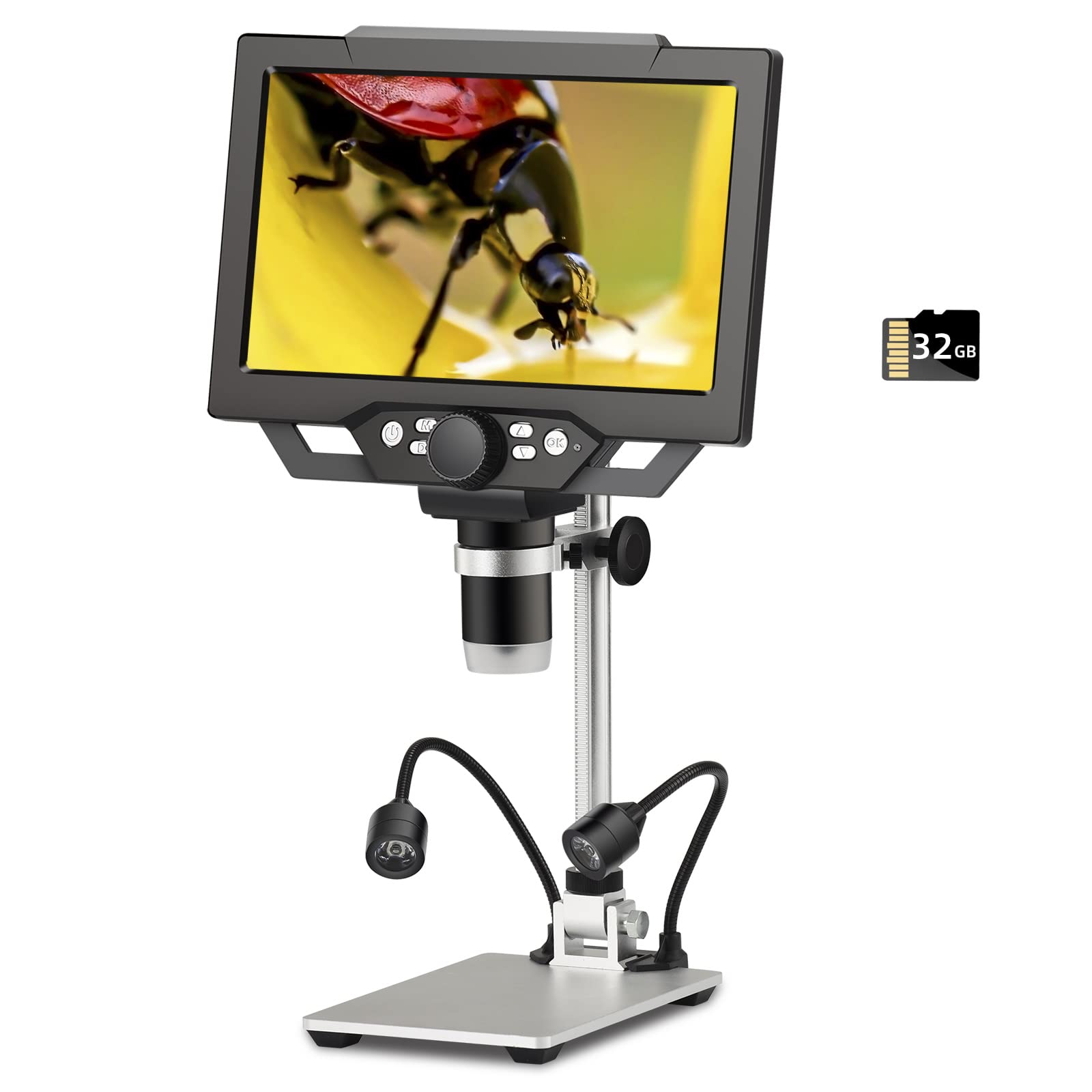 Koolertron 9-inch LCD Digital Microscope - 12MP 1600x Magnification, 1080P HD Resolution, 32GB TF Card & 5000mAh Rechargeable Battery, 10-inch Adjustable Stand with LED Side Lights for Coin Collecting, Jewelry Appraisal, PCB Repair, Plant & Rock Analysis - Perfect for Hobbyists, Scientists & Educators