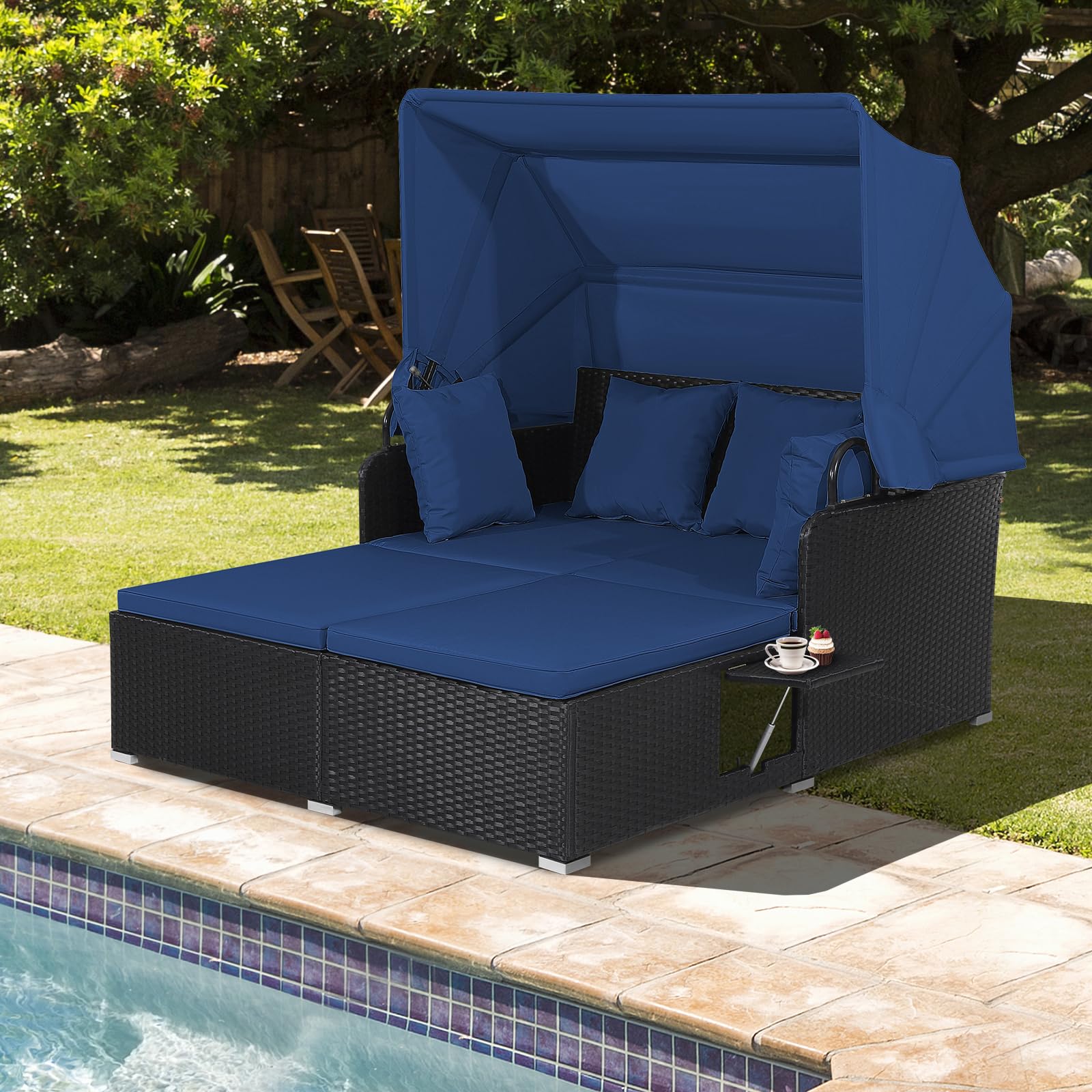 **HAPPYGRILL Outdoor Wicker Lounge Daybed - Hand-Woven PE Rattan Patio Loveseat Sofa Set with Retractable Canopy & 2 Side Tables - Sun Lounger with Soft Cushions (Navy) - Perfect for Poolside, Garden, or Backyard Relaxation**