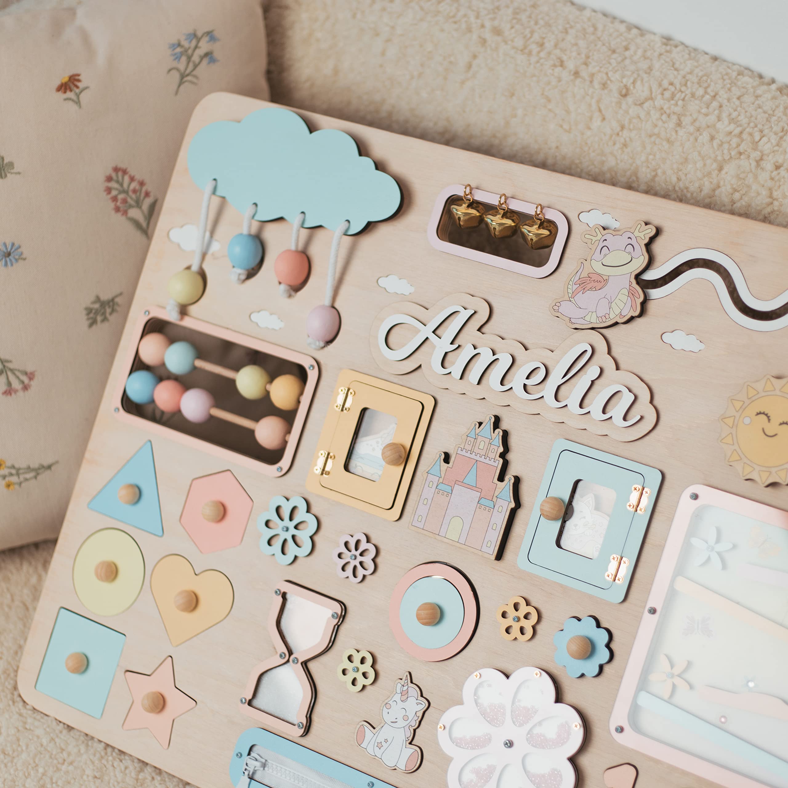 Custom Personalized Busy Board for Toddlers - Montessori Wooden Sensory Toy for 2 Year Old Girls & Boys - Best Birthday & Easter Gift for Kids - Perfect for Early Learning & Travel Entertainment