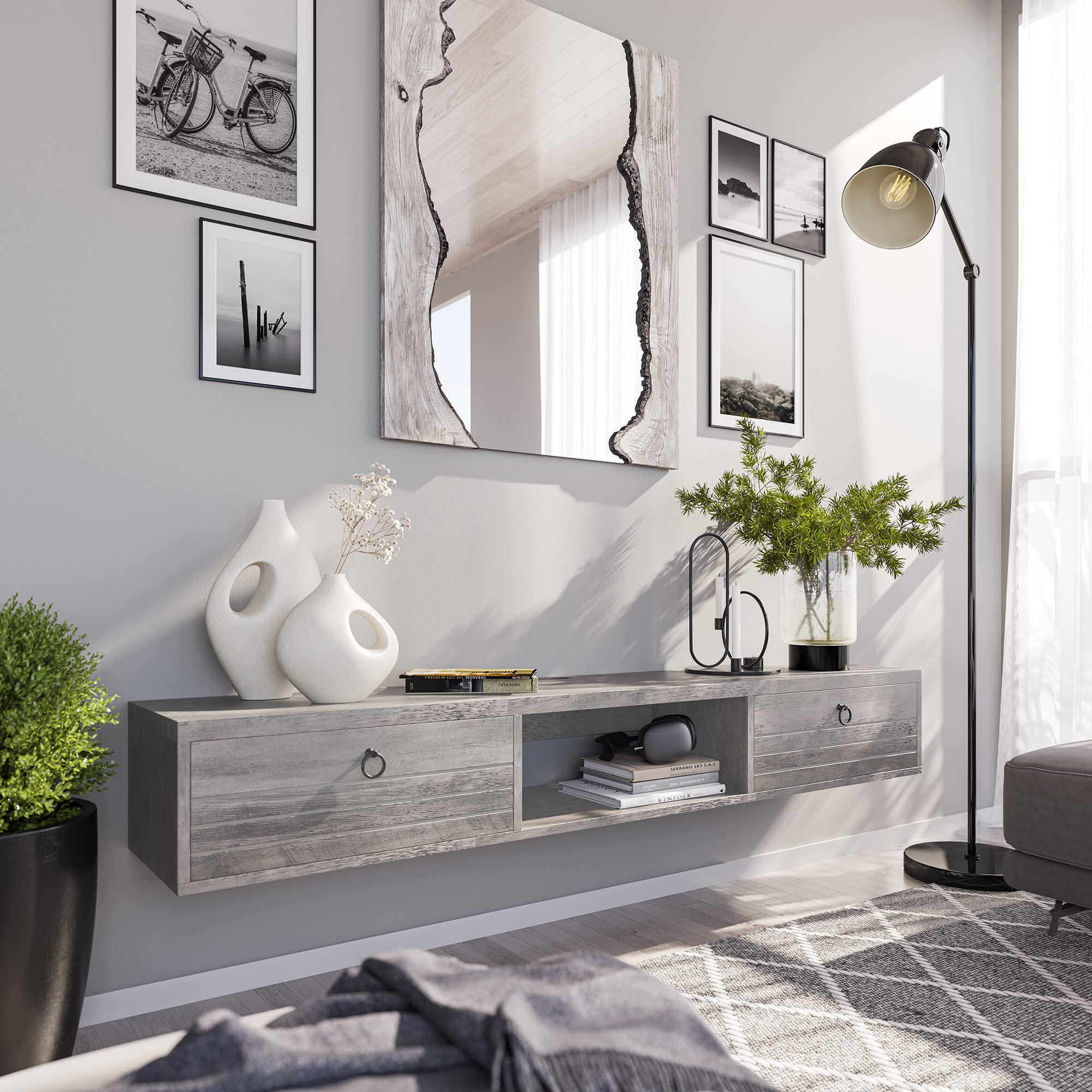 BELLEZE 63-Inch Modern Floating TV Stand Wall Mounted with Built-in Shelves & Storage Compartments - Contemporary Space-Saving Media Console Holds Up to 100lbs - Langston Gray Wash Finish for Living Room, Bedroom & Home Theater Setup