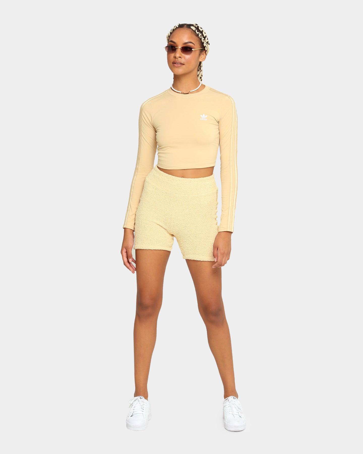 Adidas Women's Cropped Long Sleeve T-Shirt - Soft Hazy Beige Athletic Top for Running, Yoga & Casual Wear