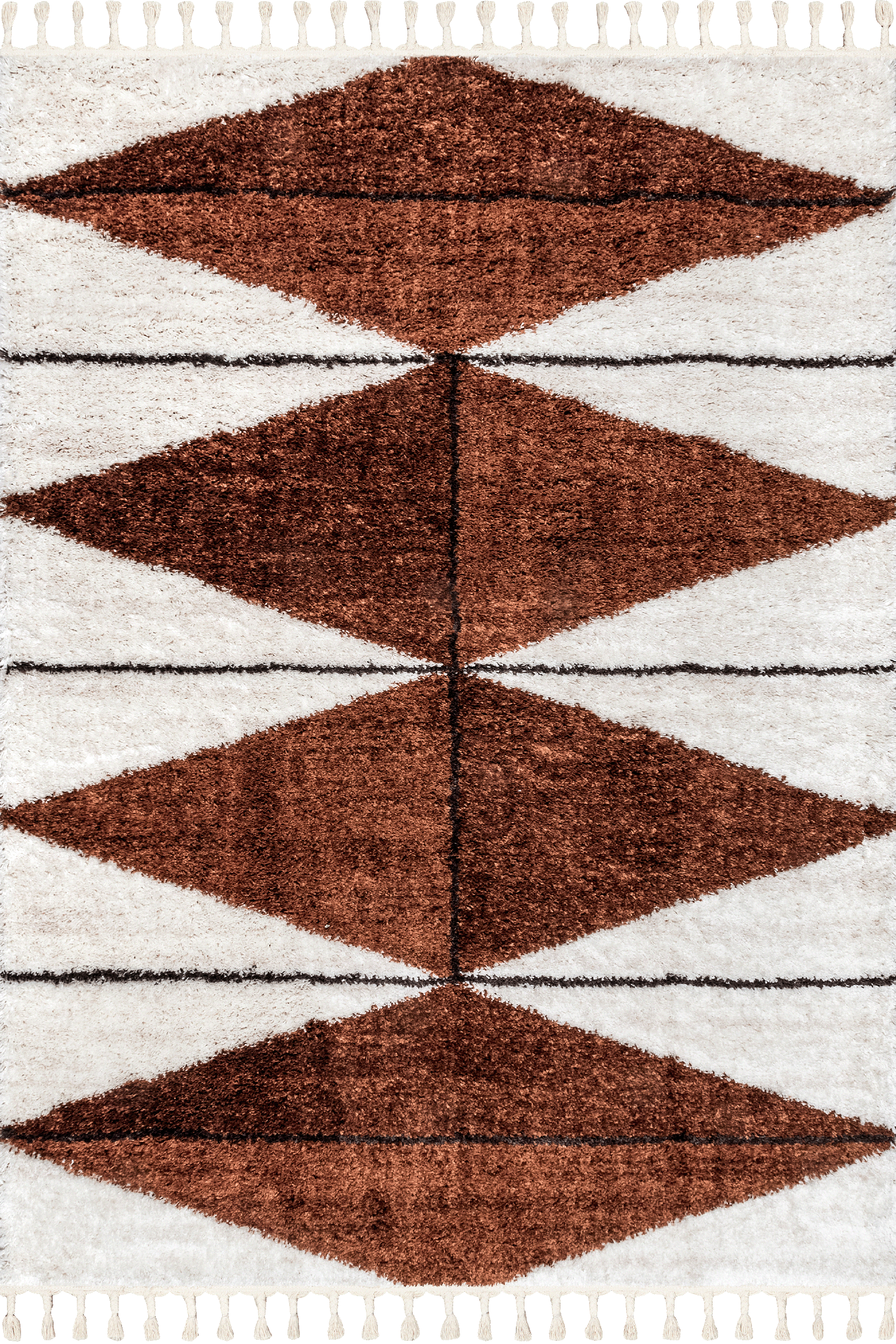 Alexa Diamond Tasseled Area Rug - Rust Color Bohemian Style Handwoven Cotton Rug for Living Room, Bedroom, Nursery Decor