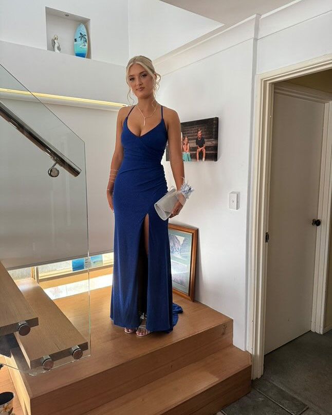 Elegant Backless Mermaid Blue Prom Dress with Ruffle Slit - Formal Evening Party Gown J6285 | Perfect for Homecoming, Prom Night, Wedding Guest & Special Occasions