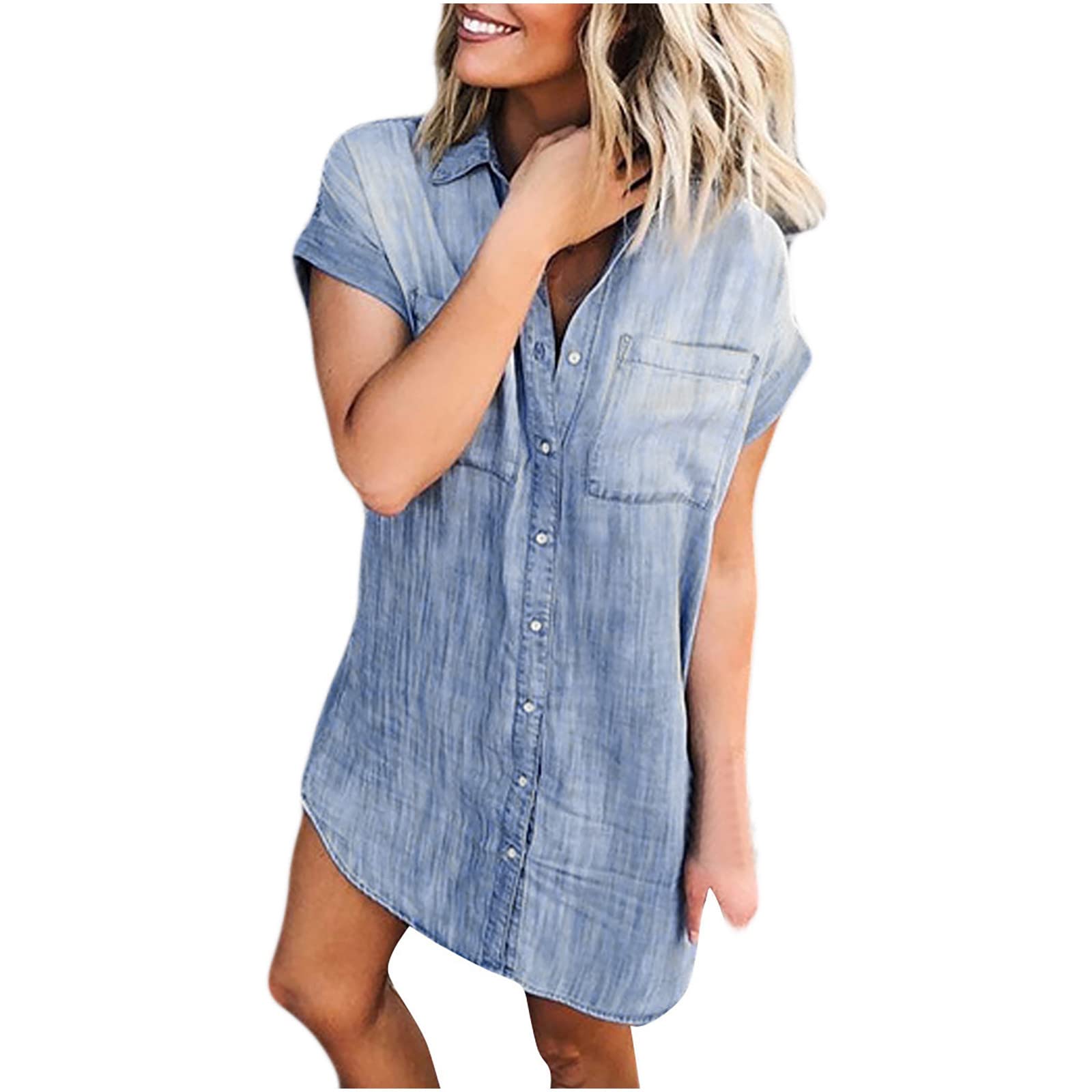 InKach Women's Denim Mini Dress - Casual Summer Button Down V-Neck Short Sleeve Shirt Dress with Pockets | Perfect for Beach Outings, Weekend Brunch & Summer Vacation Outfits