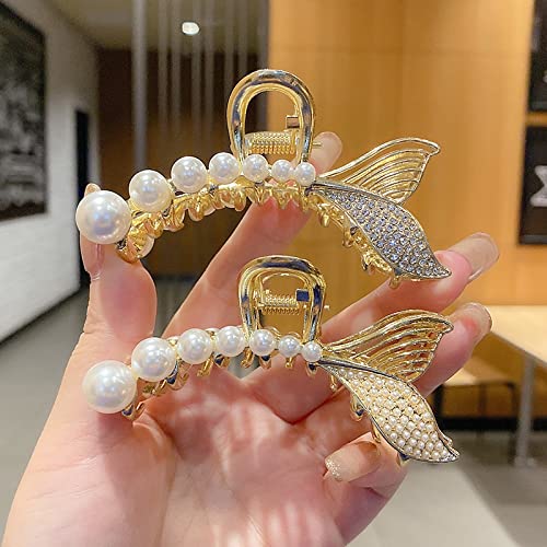 SQUICKLE Large Pearl Hair Claw Clips for Women & Girls - Strong Hold Metal Clips for Thick Long Hair, Diamond Barrettes & Hair Accessories - Perfect for Updos, Ponytails & Everyday Hairstyles