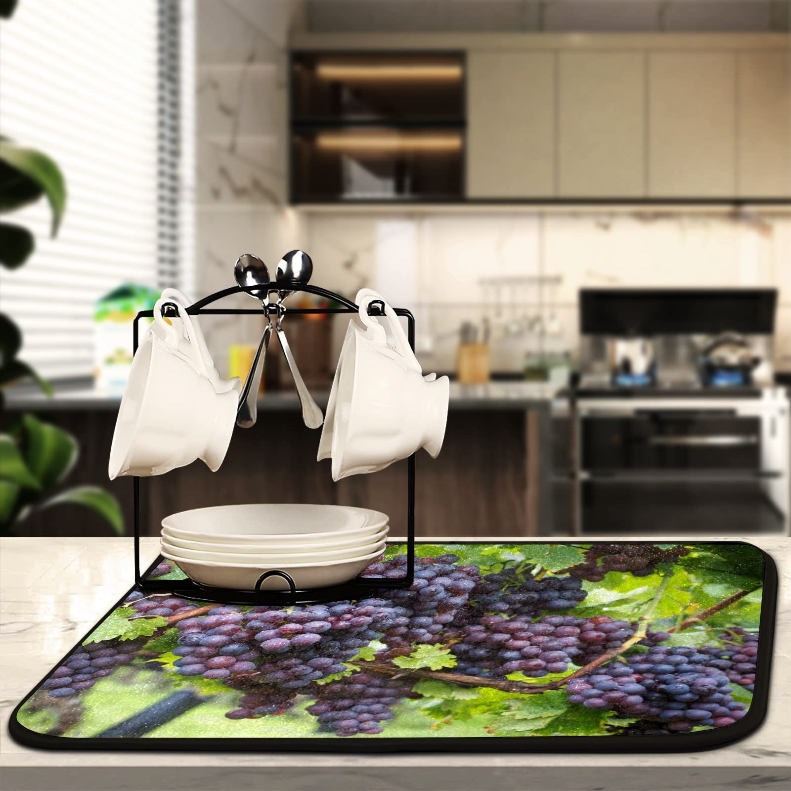 Purple Grapes Dish Drying Mat - Reversible Microfiber Kitchen Counter Mat (18x16in) for Dishes & Fruits