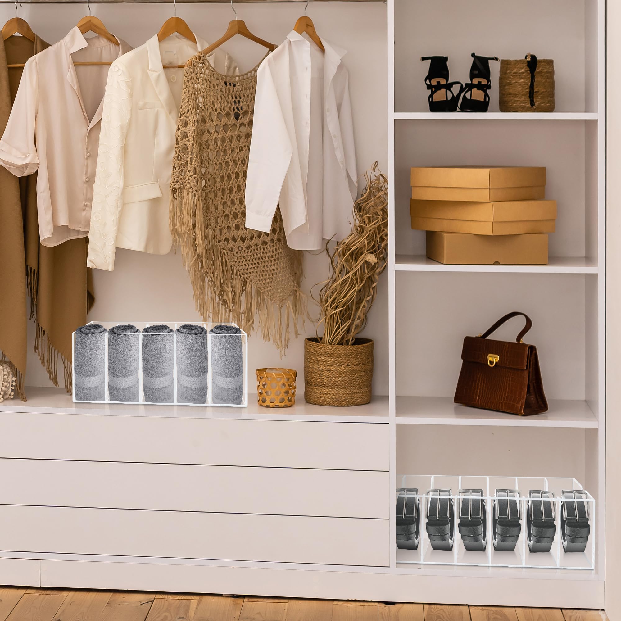 WeddingWish Acrylic Belt Organizer - 7 Compartment Clear Belt Storage with Dust Cover for Closet & Drawer - Perfect for Displaying Belts, Ties & Bow Ties | Ideal for Home Organization & Wardrobe Accessories