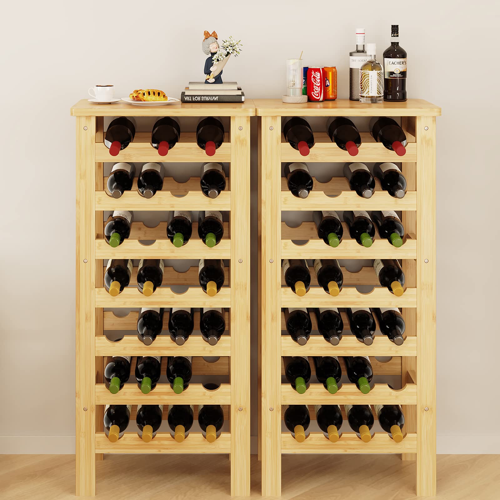Dripex 7-Tier Bamboo Wine Rack - Free Standing Wine Holder for 27 Bottles, Kitchen & Home Storage Shelf with Table Top (47 x 29 x 102cm) - Perfect for Dining Room, Bar, Pantry & Wine Cellar Organization