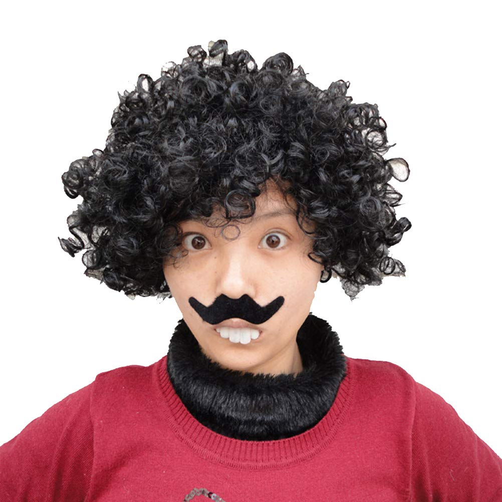 4pcs Halloween Costume Accessories Set - Black Explosion Wig, Fake Mustache, 2 Rotten Teeth for Cosplay, Masquerade & Party Decor | Perfect for Halloween, Themed Parties & Dress-Up Events