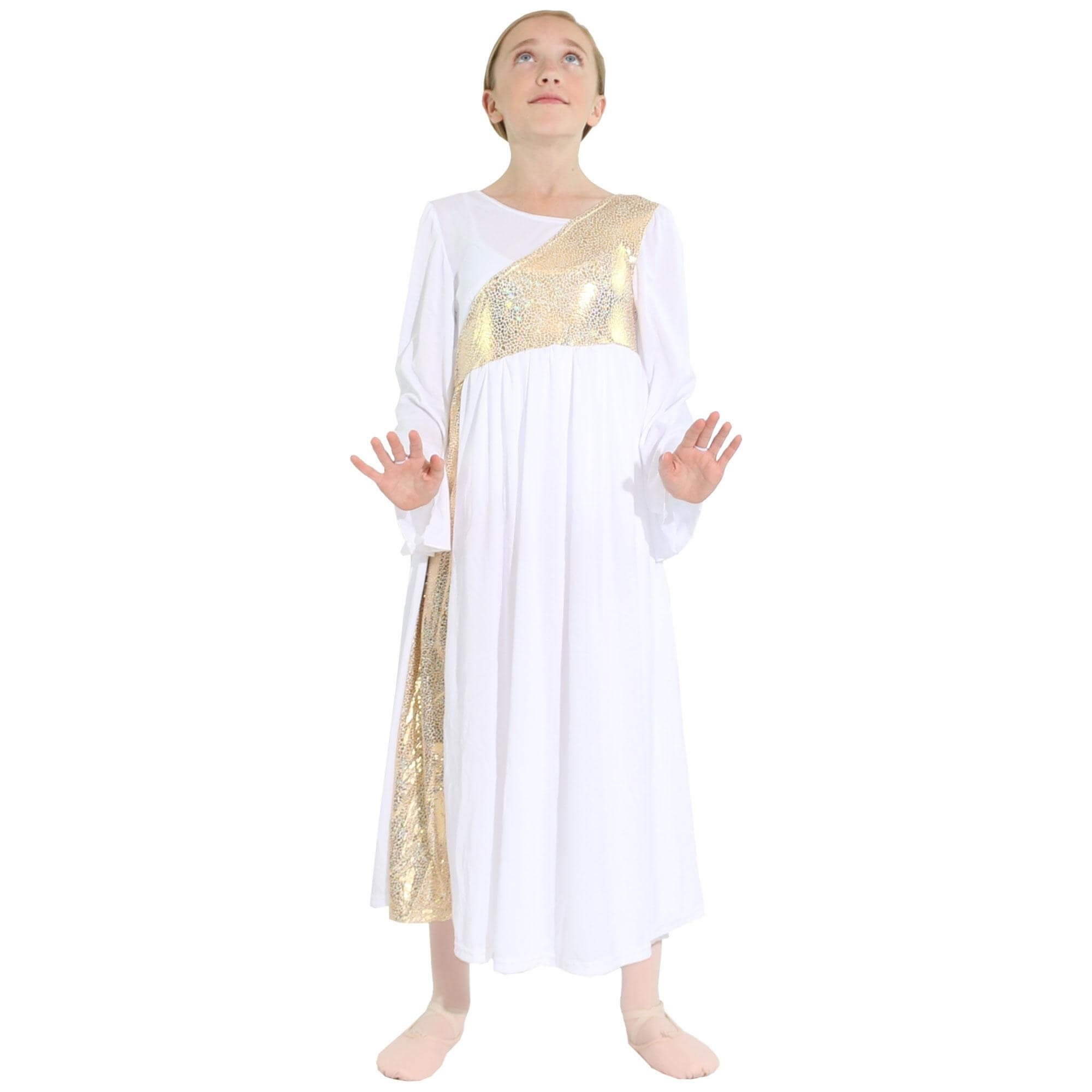 Danzcue Girls' Sparkly Asymmetrical Bell Sleeve Dance Dress - Perfect for Ballet, Jazz, Competition & Performance Costumes
