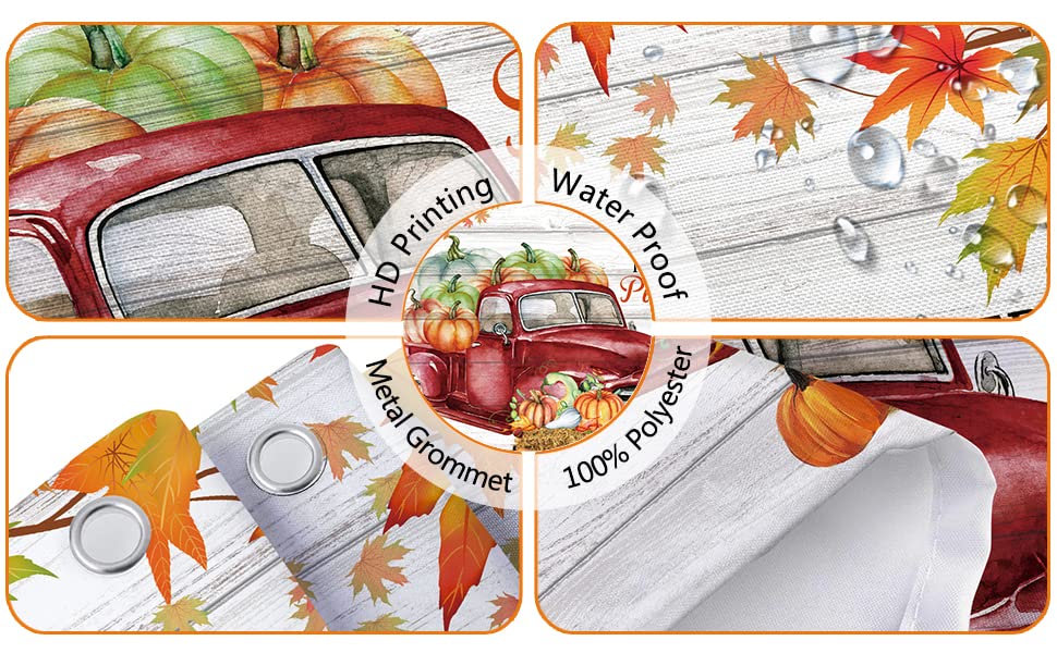 Thanksgiving Shower Curtain Set - Autumn Farmhouse Red Truck & Maple Leaf Design, 69x72 Inch Bathroom Decor with Hooks Included | Perfect for Fall, Halloween & Farmhouse Style Bathrooms